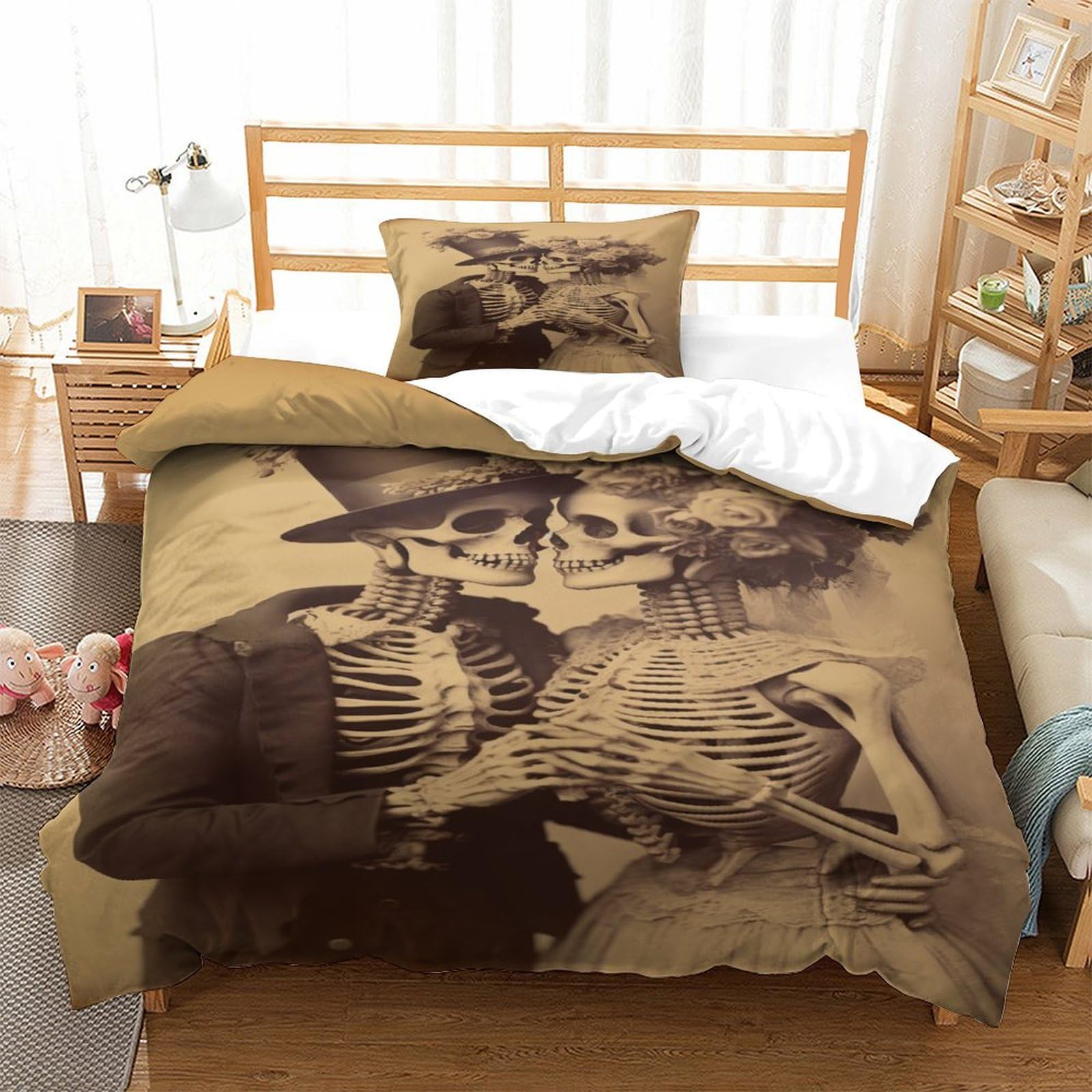 P1S9U7W5Y Vintage Skeleton Couple 3D Printed Duvet Cover Set 3pcs Microfiber Skeleton Bedding Set Single