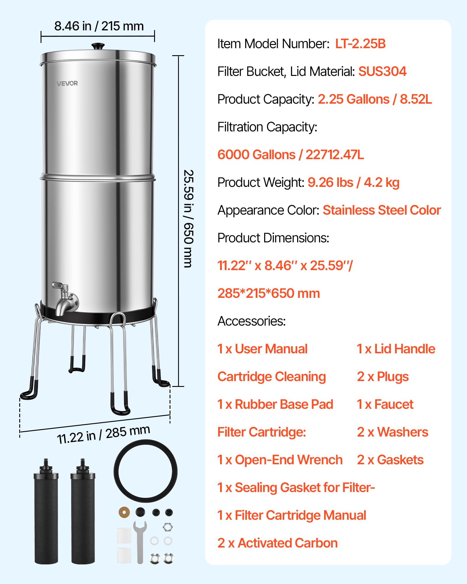 VEVOR Sistema de Filtración de Agua por Gravedad 8,52 L Acero Inoxidable, Reduce el Plomo y Hasta el 99% del Cloro, Con 2 Filtros de Carbón, Con Grifo y Soporte, Para Encimera, Para Hogar, Camping