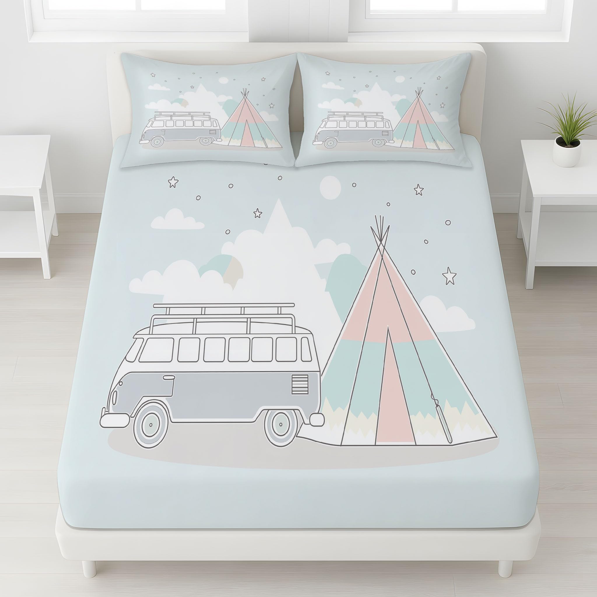 160 x 190 x 30 arkuszy Camper kurtyna gwiaździste niebo prześcieradło na jedną głęboką kieszeń 30 cm animacja odporna na blaknięcie zabawna przygoda prześcieradło dla dziewczynek jasnoniebieski