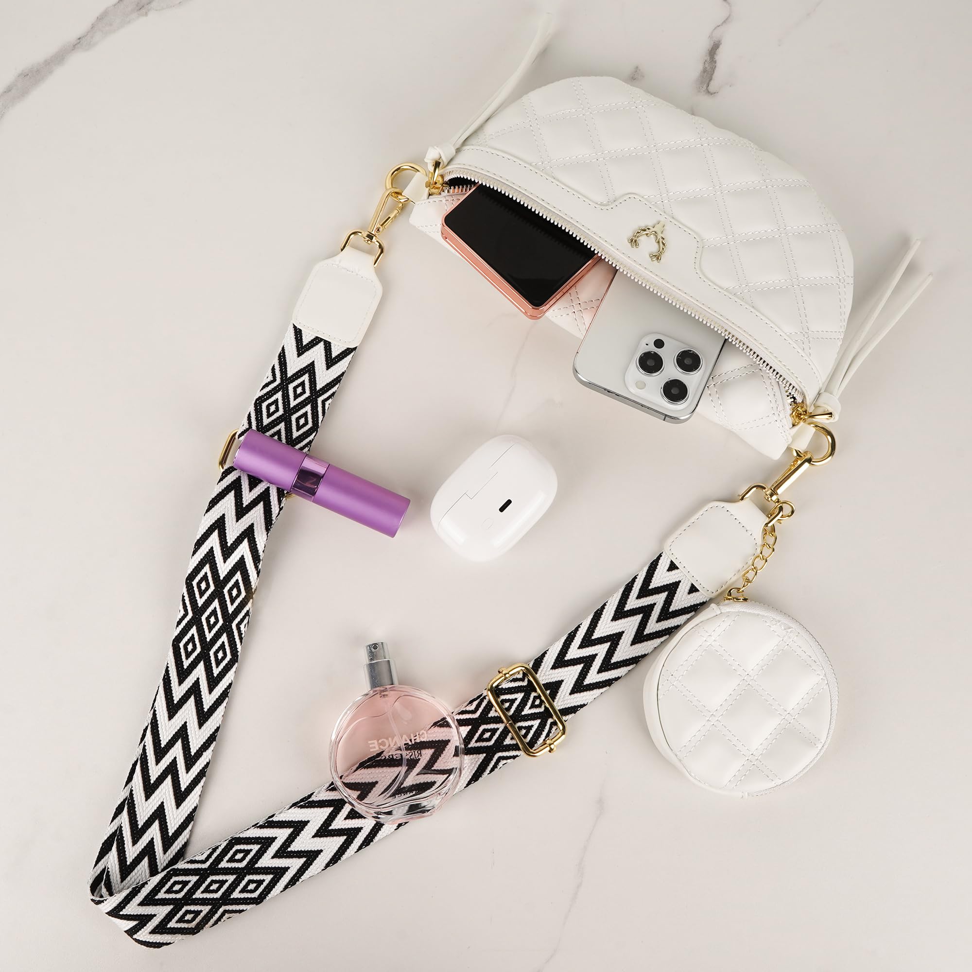 Diamond Sac banane matelassé avec sangle réglable - Blanc - Pour voyage, concert et festival - Sac banane sportif mains libres