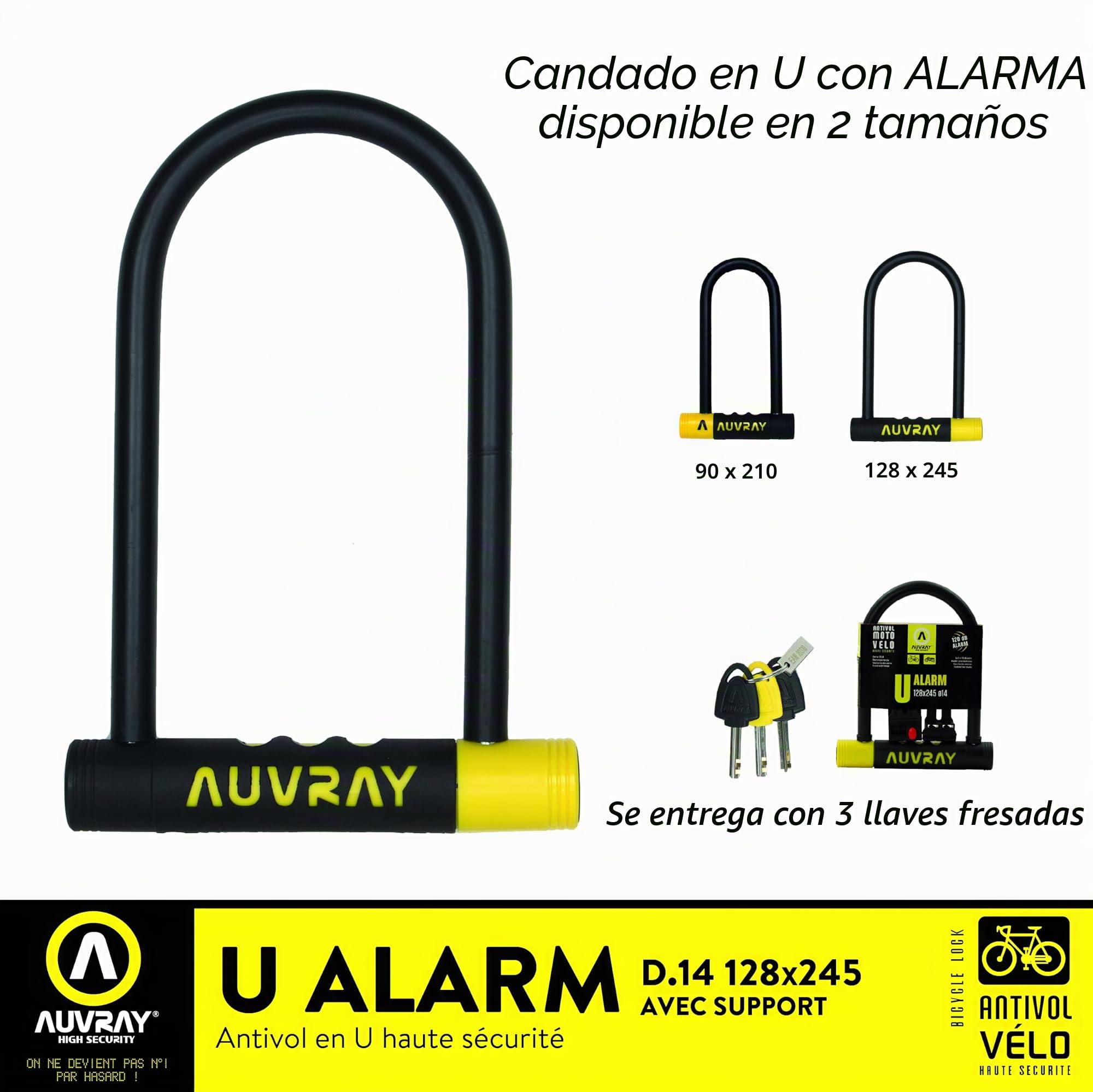 AUVRAY - Antirrobo de Bicicleta con Alarma - U ALARME 128X245 D.14-3 CLES - Resistencia excepcional - Carcasa Protectora de plástico - Alarma integrada de 120 dB - Alta Seguridad
