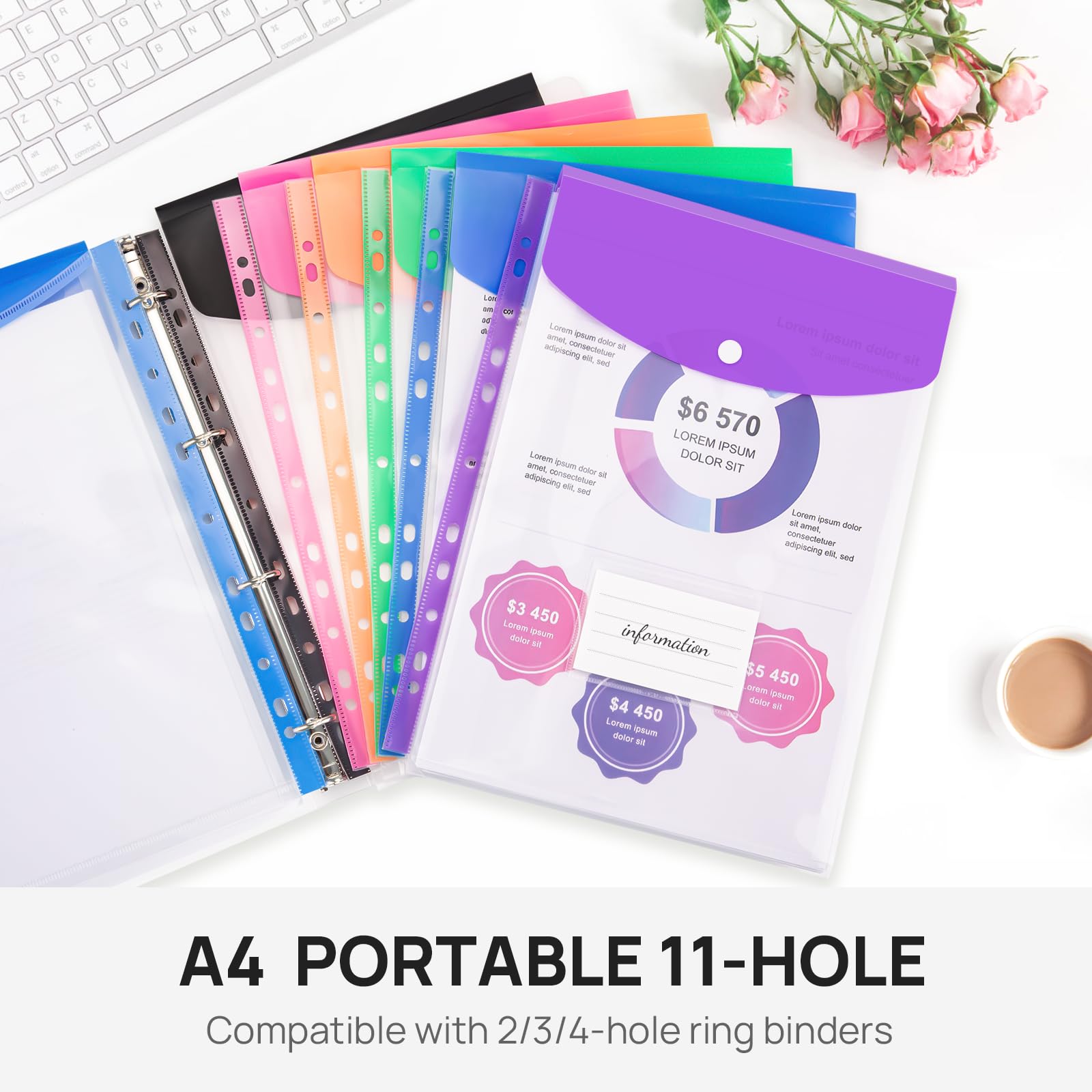 JEFURE Plastic Wallets A4, 12 PCS Expandable Punched Poly Pockets, Colorful Plastic Folders with Popper, Card and Ring Binders, Document Folders for School, Office, Home (Vertical) - Image 3