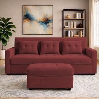 GRAPEWOOD Emilio 3 Seater with Ottomon Pull-Out Sofa Cum Bed (Maroon Color) Premium Fabric Sofa Set for Living Room | Bedroom Price In India