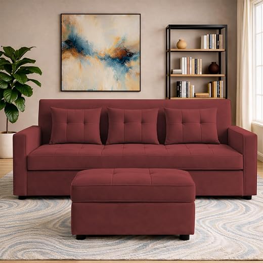 GRAPEWOOD Emilio 3 Seater with Ottomon Pull-Out Sofa Cum Bed (Maroon Color) Premium Fabric Sofa Set for Living Room | Bedroom