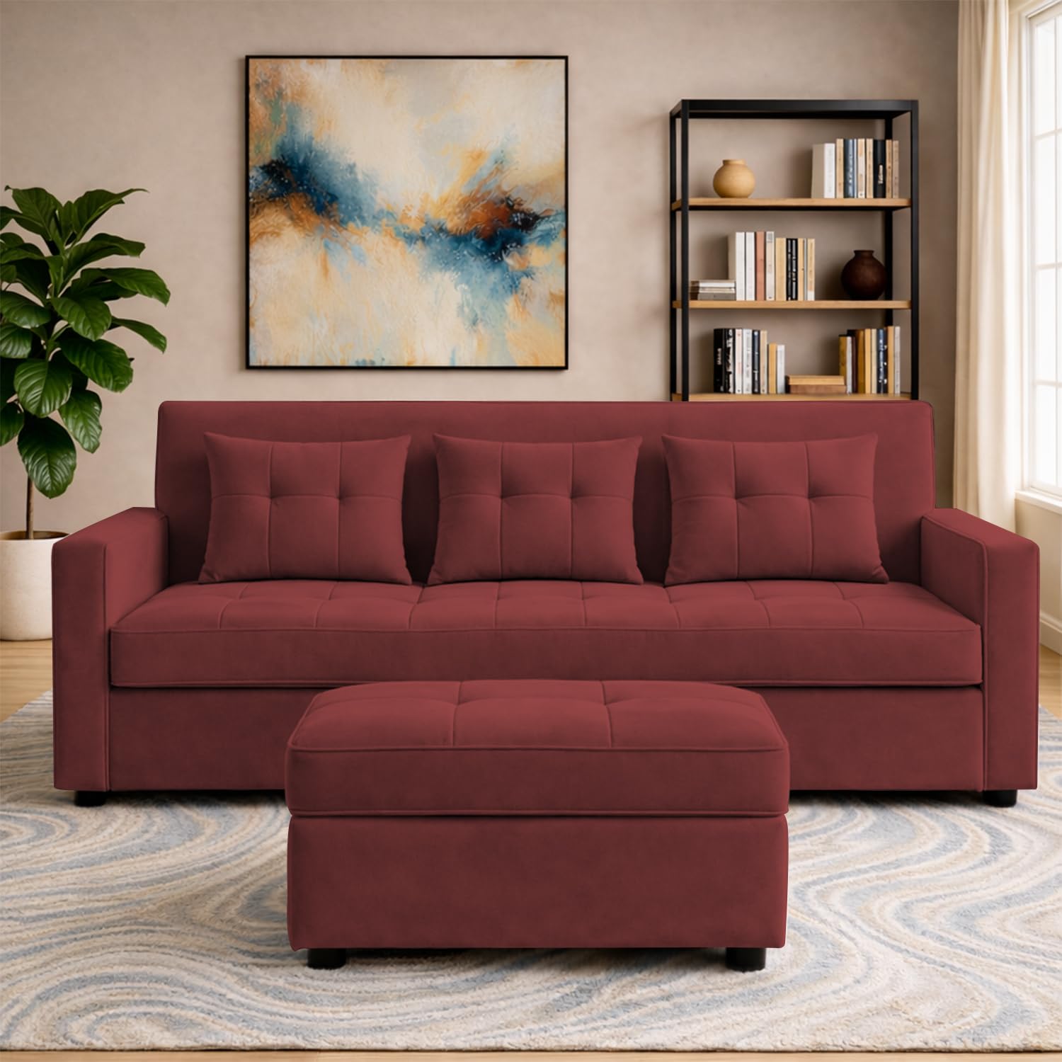 GRAPEWOOD Emilio 3 Seater with Ottomon Pull-Out Sofa Cum Bed (Maroon Color) Premium Fabric Sofa Set for Living Room | Bedroom - Review, Price and Buying Guide