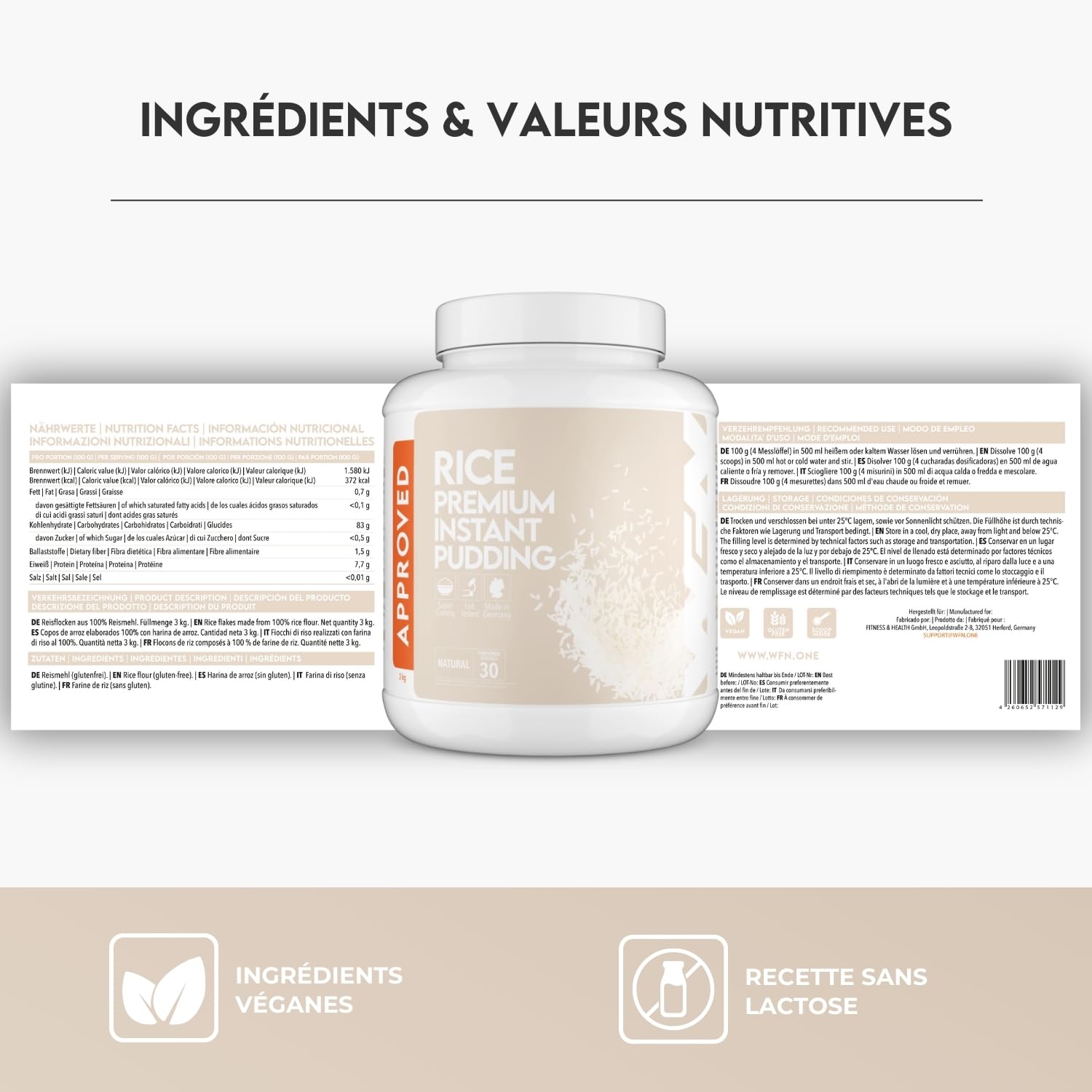 WFN Approved Rice - Creme de riz - Goût naturel - 3kg - Instantané et sans additif - Produit & testé en laboratoire en Allemagne