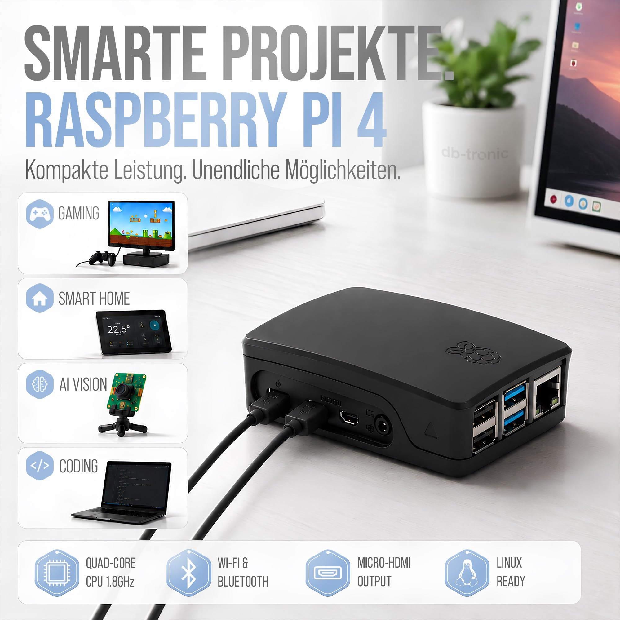 Raspberry Pi 4 4GB Starter Set 64GB Black Edition Netzteil 15W Gehäuse schwarz Kühlkörper Set 4K Micro HDMI Kabel
