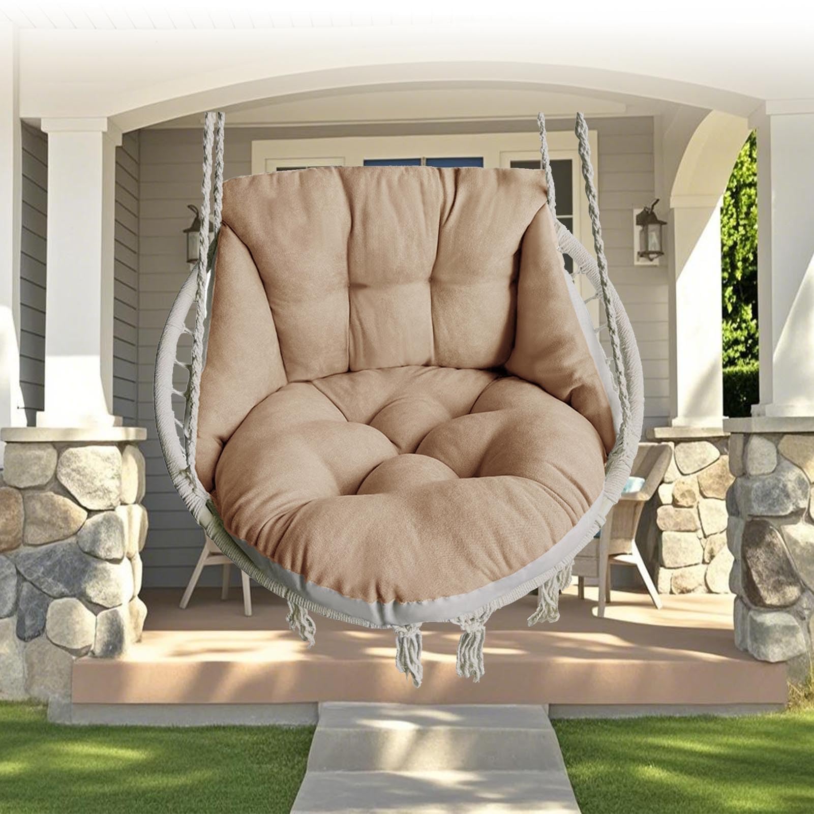 Coussin De Chaise Hamac Rond en Macramé Marocain Générique, Coussin De Balancelle Œuf, Coussin De Panier Suspendu en Rotin pour Chambre/Balcon, Idéal pour Lire Ou Se Détendre(Light Brown)