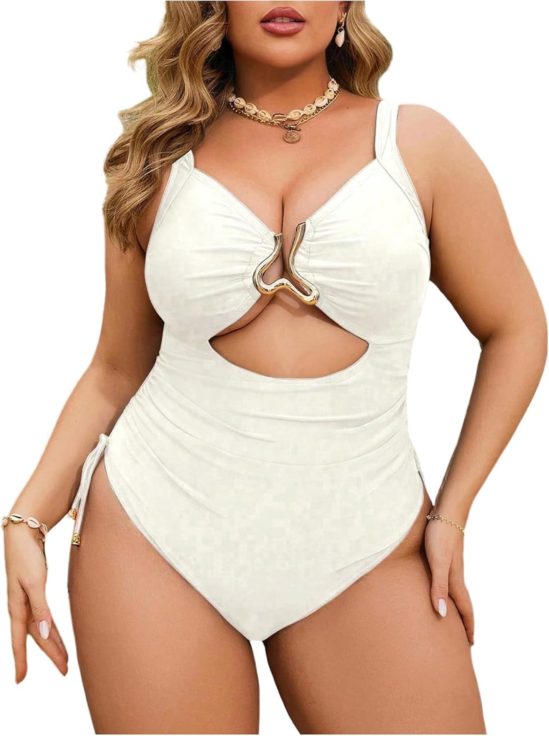 Floerns Women's Plus Size One Piece Swimsuit Cut Out High Waisted Drawstring Monokini Bathing Suit