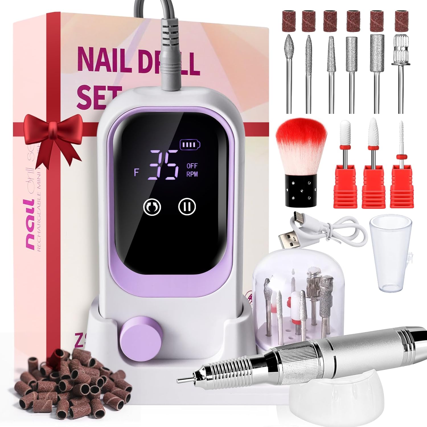Professional Electric Nail Drill, 35000RPM with Rechargeable Base, Bits, Files and Buffers, for Acrylic Nail Removal, Salon & Home Use (Purple) Professional Electric Nail Drill, 35000RPM with Rechargeable Base, Bits, Files and Buffers, for Acrylic Nail Removal, Salon & Home Use (Purple)