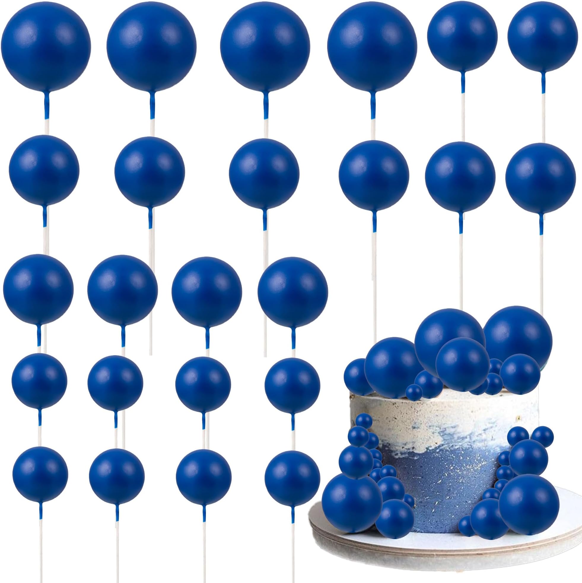 Gyufise 30Pcs Foam Ball Cake Topper Picks - DIY Balloon Insert Decorations for Wedding, Engagement, Baby Shower, Birthday Party Supplies in Royal Blue