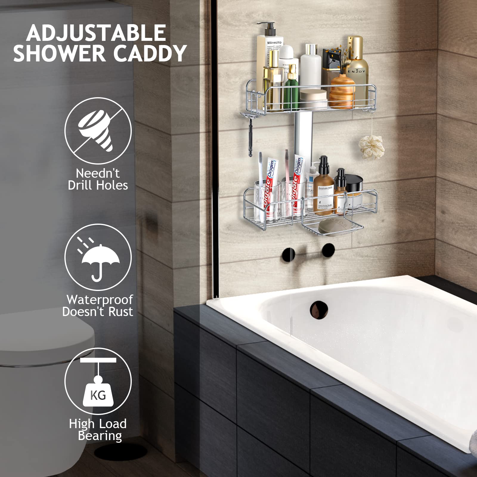 Étagères De Douche Adhésives - 2 Packs - Acier Inox Noir - Support 18kg - Sans Perçage