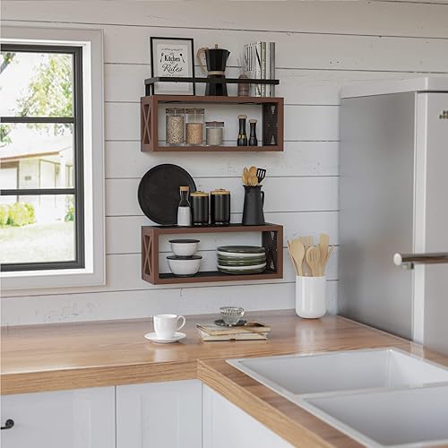 Miniatura 7 de RICHER HOUSE Estantes flotantes de madera con barandilla, marrón rústico, montaje en pared, 2 estantes, estilo granja