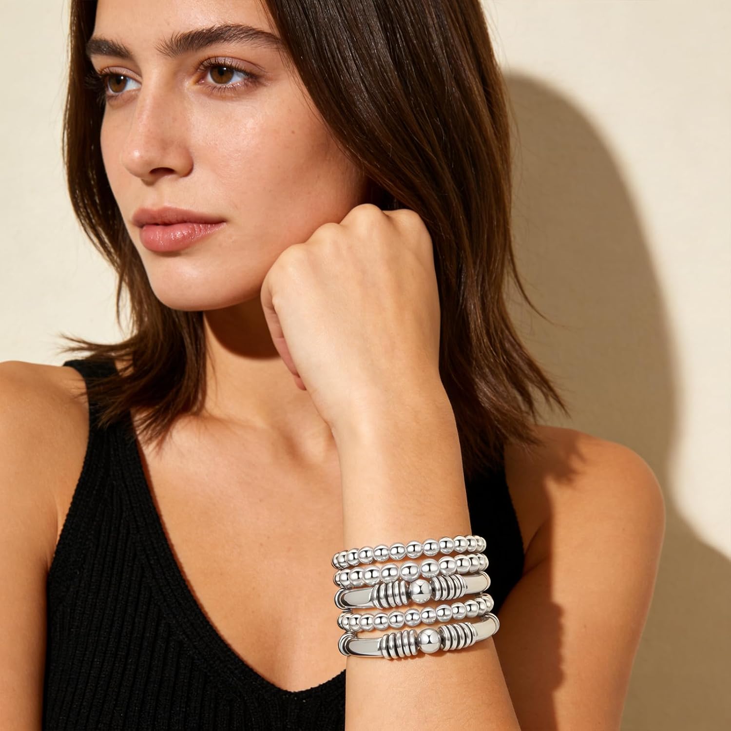 YBMYCM 5PCS Chunky Bangles Bracelets for Women Gold Plated Stackable Layered Curved Bamboo Tube Stretch Bracelets Bangle Gift - Image 2