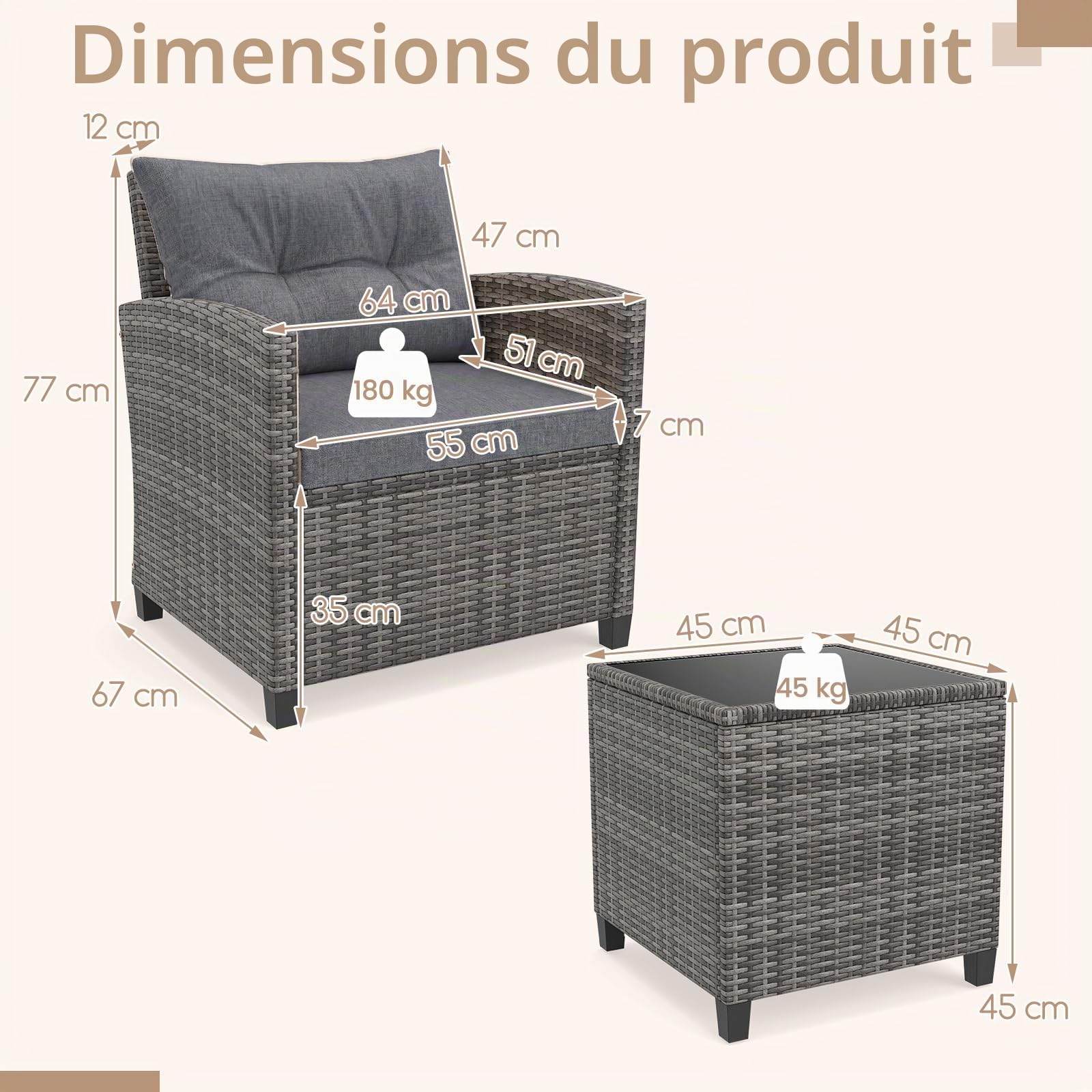 GIANTEX Salon de Jardin Extérieur 3 Pièces, Mobilier Jardin en Rotin avec 2 Fauteuils et Table Basse, Plateau en Verre Trempé, Coussins Amovibles, pour Balcon, Terrasse, Jardin, Gris