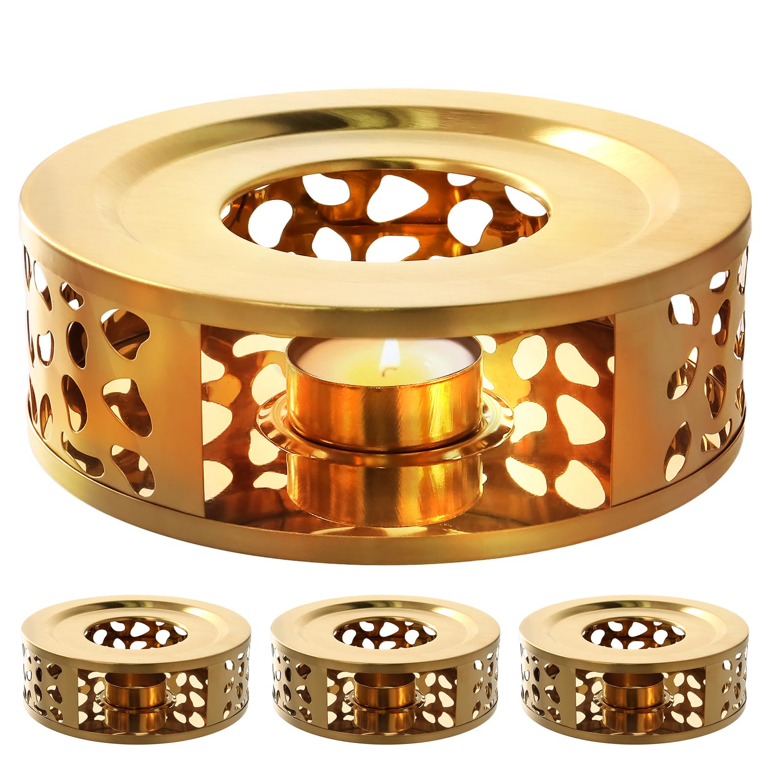 HOIGON 3 PCS Teapot Warmer, Stainless Steel Brushed Tea Pot Warmer Base with Tealight Candle Holder, Gold