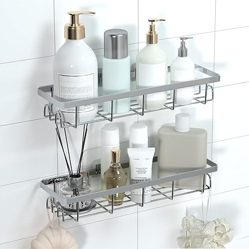 Miniatura 7 de Organizador de ducha con ganchos, estantes de baño autoadhesivos, organizadores de baño sin perforaciones y almacenamiento, perfecto para RV,