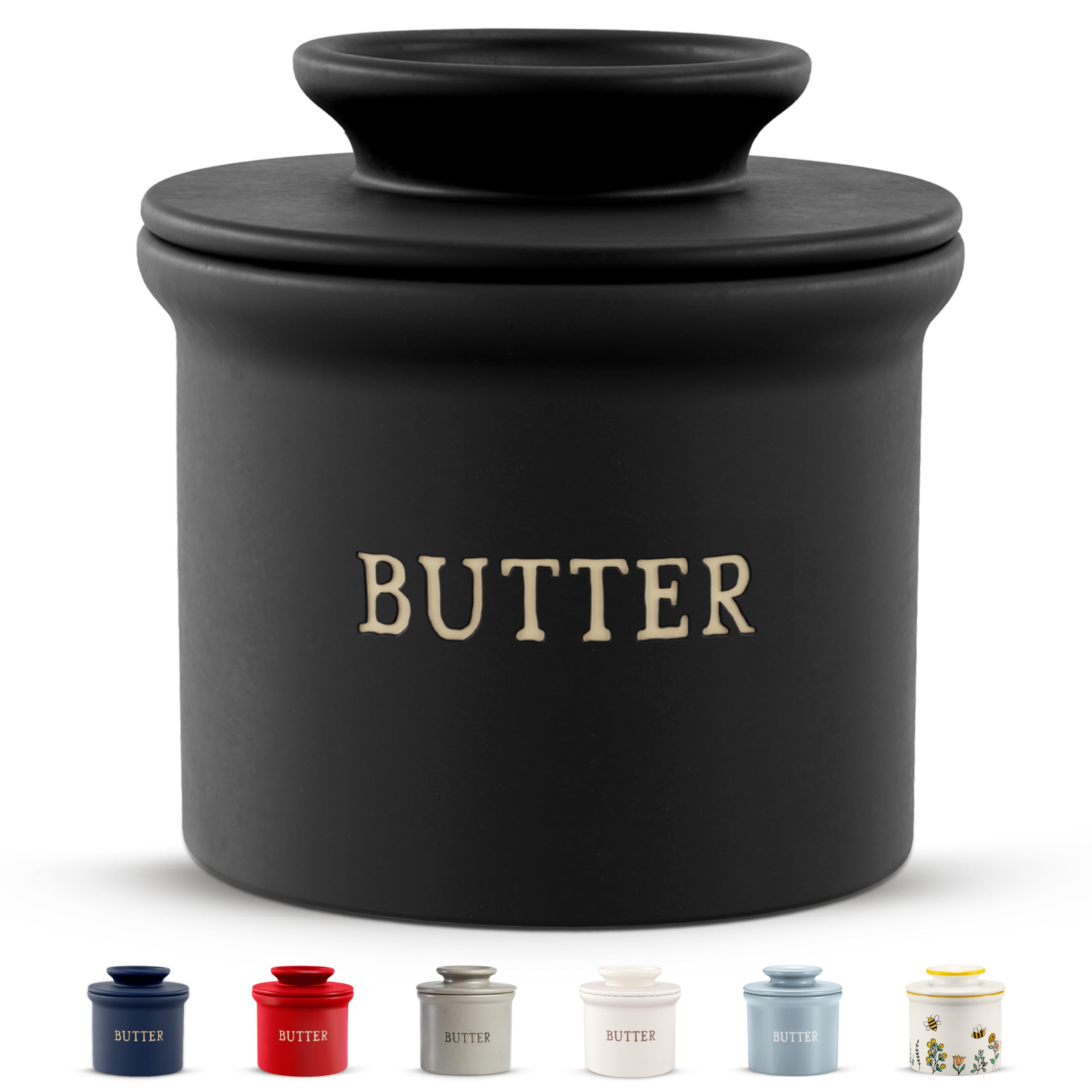 Kook Butter Crock with Lid, Soft Spreadable Butter, Ceramic French Butter Keeper to Leave On Counter with Water Line, Butter Dish, Home and Kitchen Decor, Perfect for Christmas Gift (Black)