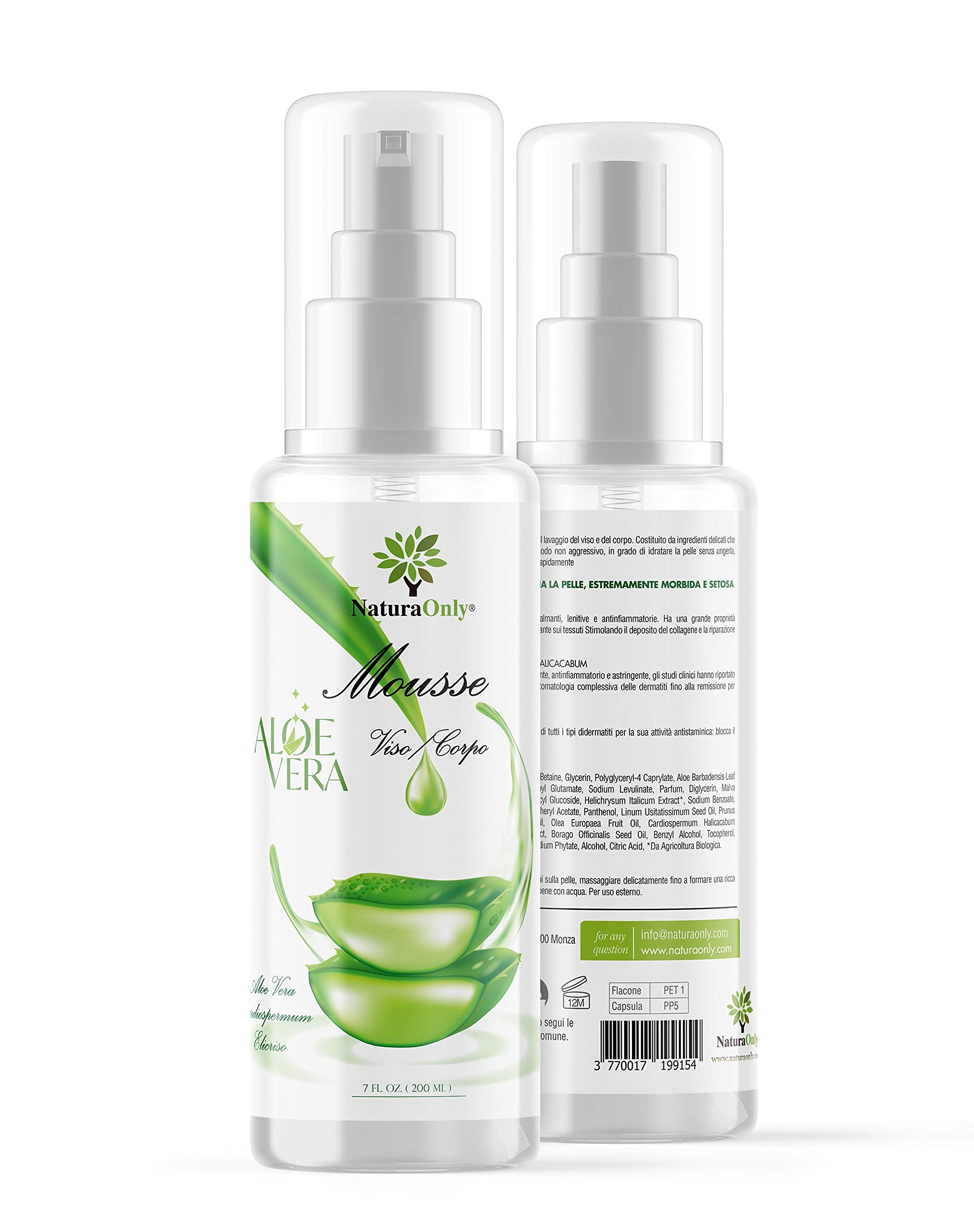 Mousse Aloe Vera - Detergente delicato per viso e corpo, realizzato solo con ingredienti naturali, ideale per pelli sensibili, secche, arrossate, lascia la pelle estremamente morbida e setosa.