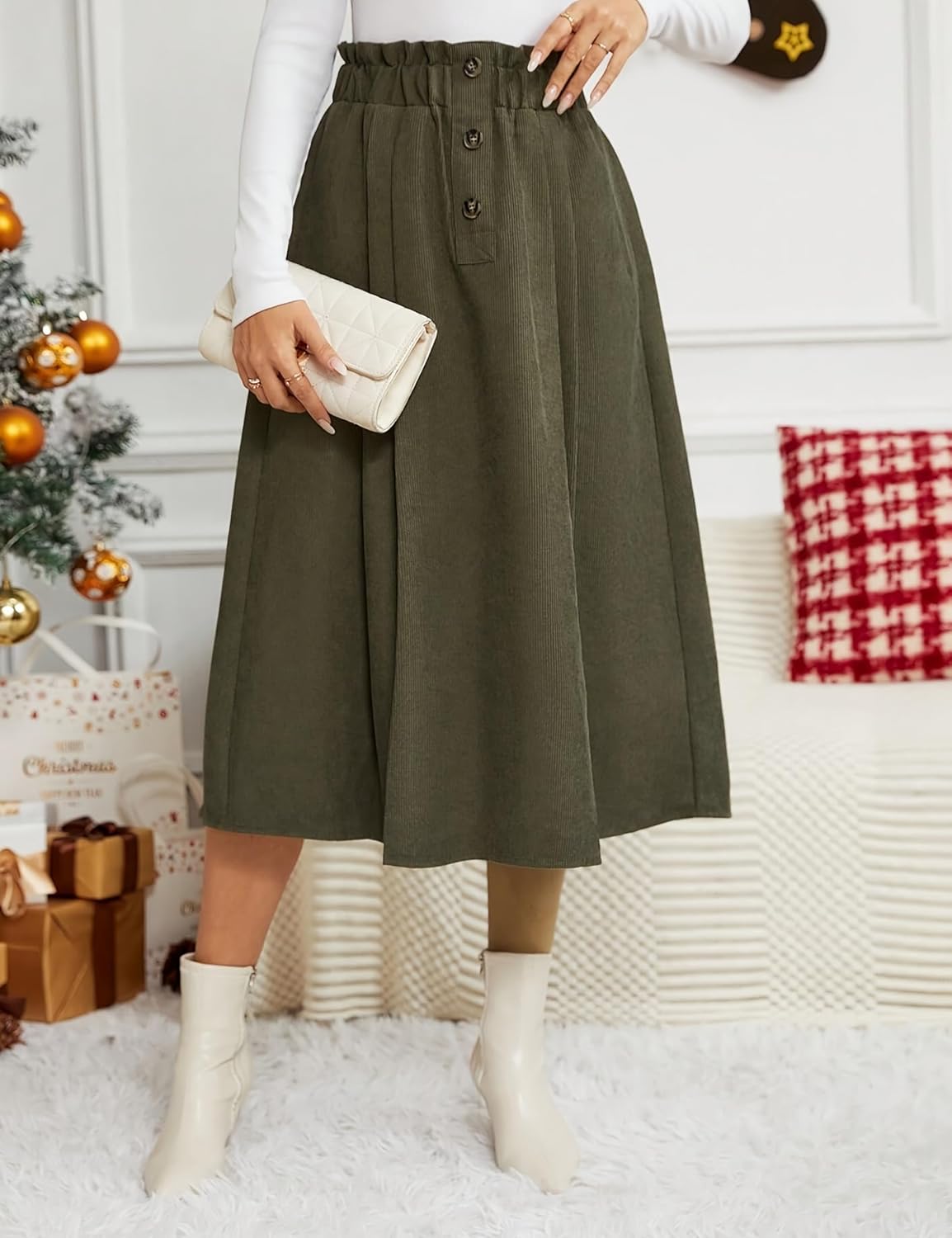 IDEALSANXUN Womens Corduroy Skirts Fall Winter High Waisted A Line Pleated Midi Skirt - Image 2