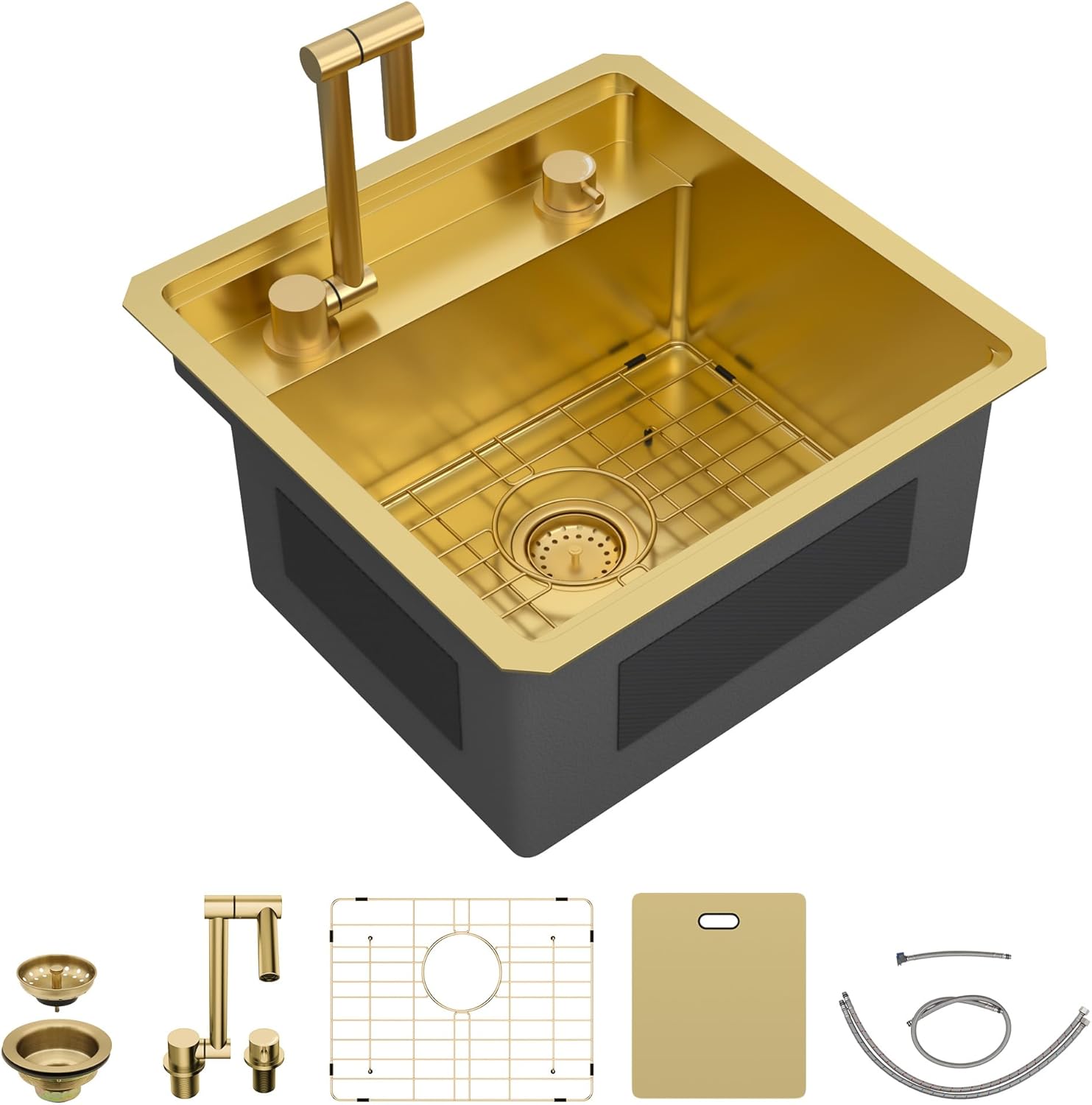 18"x18" Undermount RV Kitchen Sink Workstation – 16 Gauge 304 Stainless Steel Brushed Gold NANO-PVD Single Bowl Sink with Foldable Faucet, for RV, Camper, Mobile Home, Wet Bar