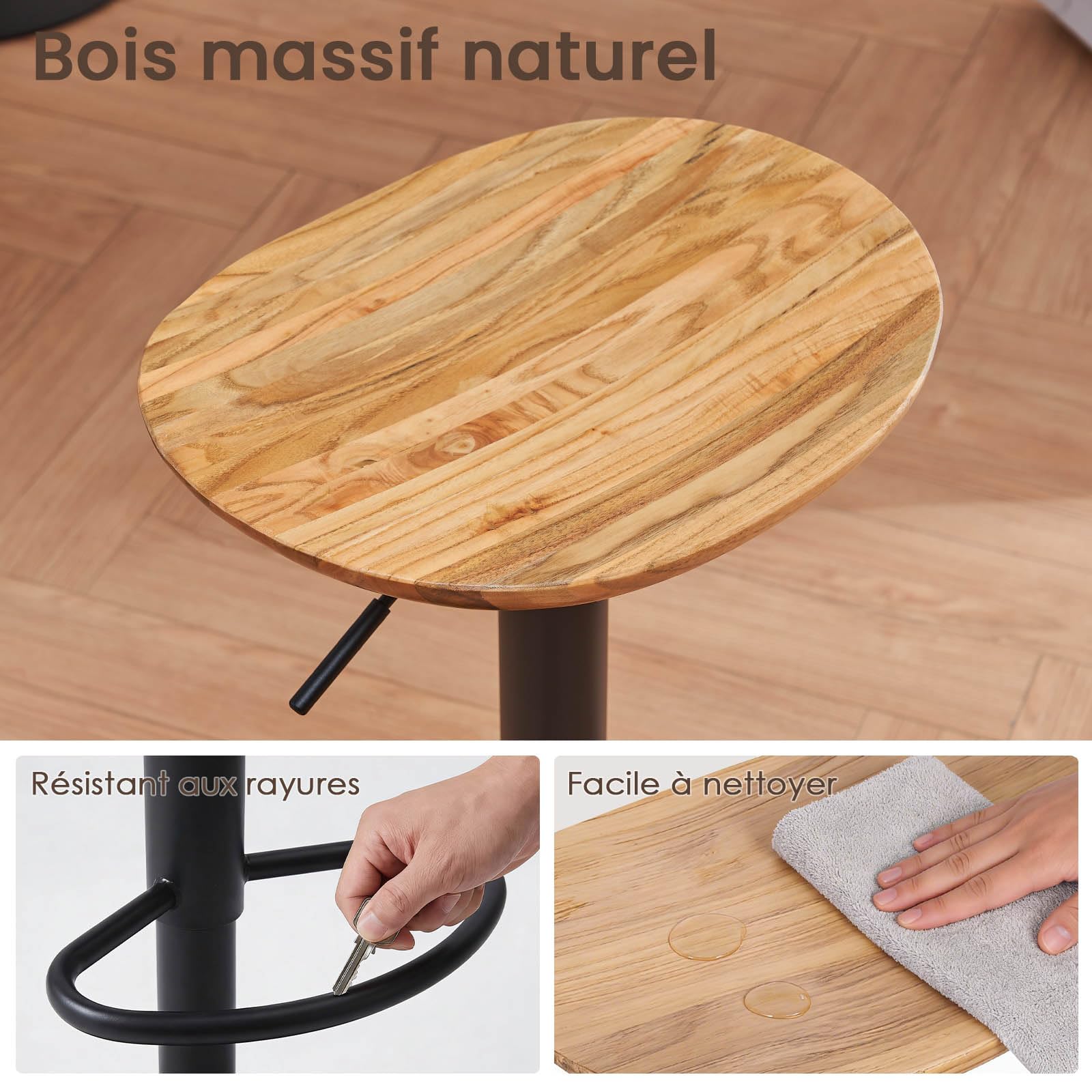 Kidol & Shellder Taburetes de Bar Juego de 2 de Madera Maciza Base Metálica Giratoria Ajustable en Altura Fácil de Montar Moderna Encimera de Cocina Industrial…