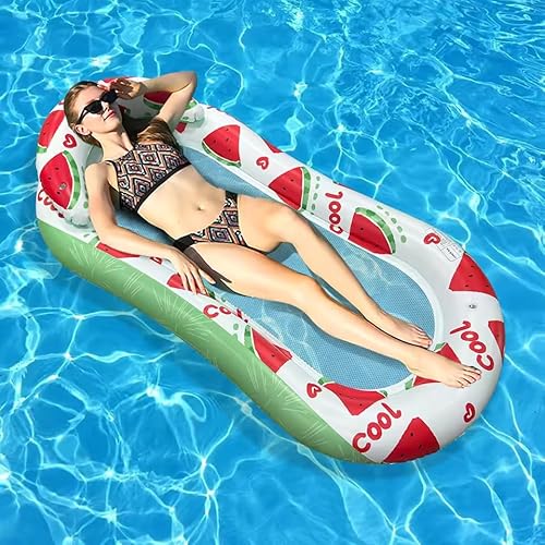 Flotadores inflables, Tumbona con reposacabezas,colchón Inflable, Tumbona Flotante para Piscina, Cama de Aire, Hamaca de Agua, Silla de Piscina, Lago y Playa (Sandía)