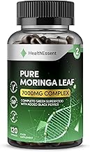 Whole Moringa Capsules 7000mg Complex, High Strength Complete Green Superfood with Added Black Pepper, Moringa Leaf Extract and Powder for High Absorption - 120 Capsules by HealthEssent