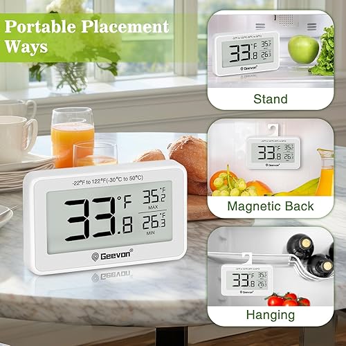 Miniatura 8 de Geevon Paquete de 2 termómetros para refrigerador, termómetro digital para nevera, impermeable IP65, con gran pantalla LCD, función de grabación