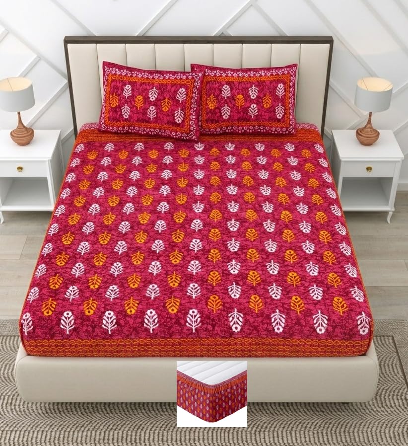 Image of RajasthaniKart Pure Cotton 144 TC Printed Double /Queen Bed Elastic Fitted Bedsheet with 2 Pillow Covers - All Around Elastic | 60 inchx72 inch8 inch, Fits Up to 8 inch Mattress | Jaipuri Print, 5302