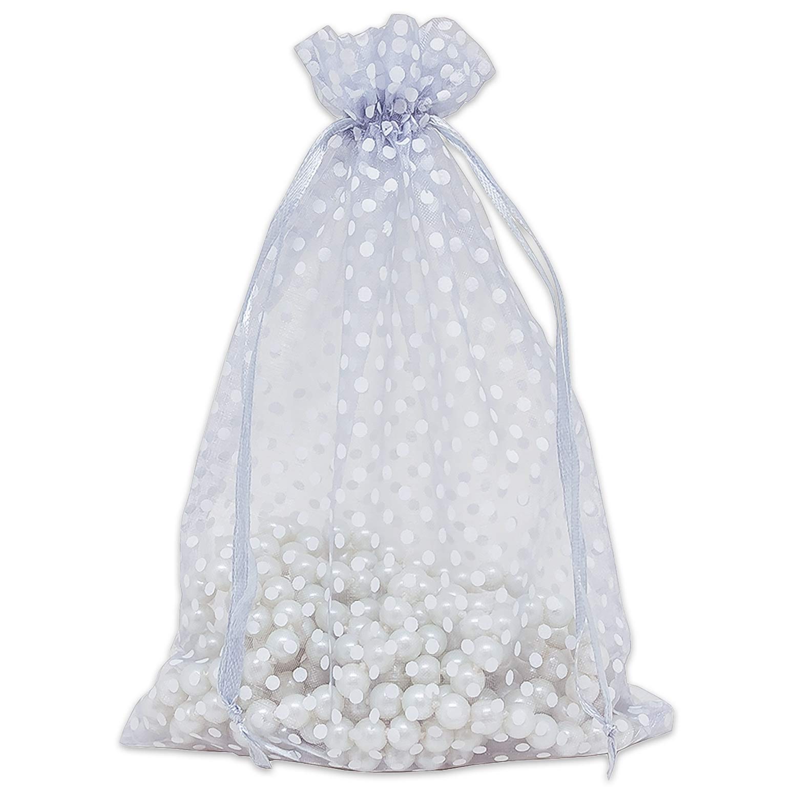 TheDisplayGuys 100-Pack 6x8 Sheer Organza Gift Bags with Drawstring (Large) - Polka Dot (Silver/White) - for Wedding Party Favors, Jewelry, Candy, Treats Mesh Pouch