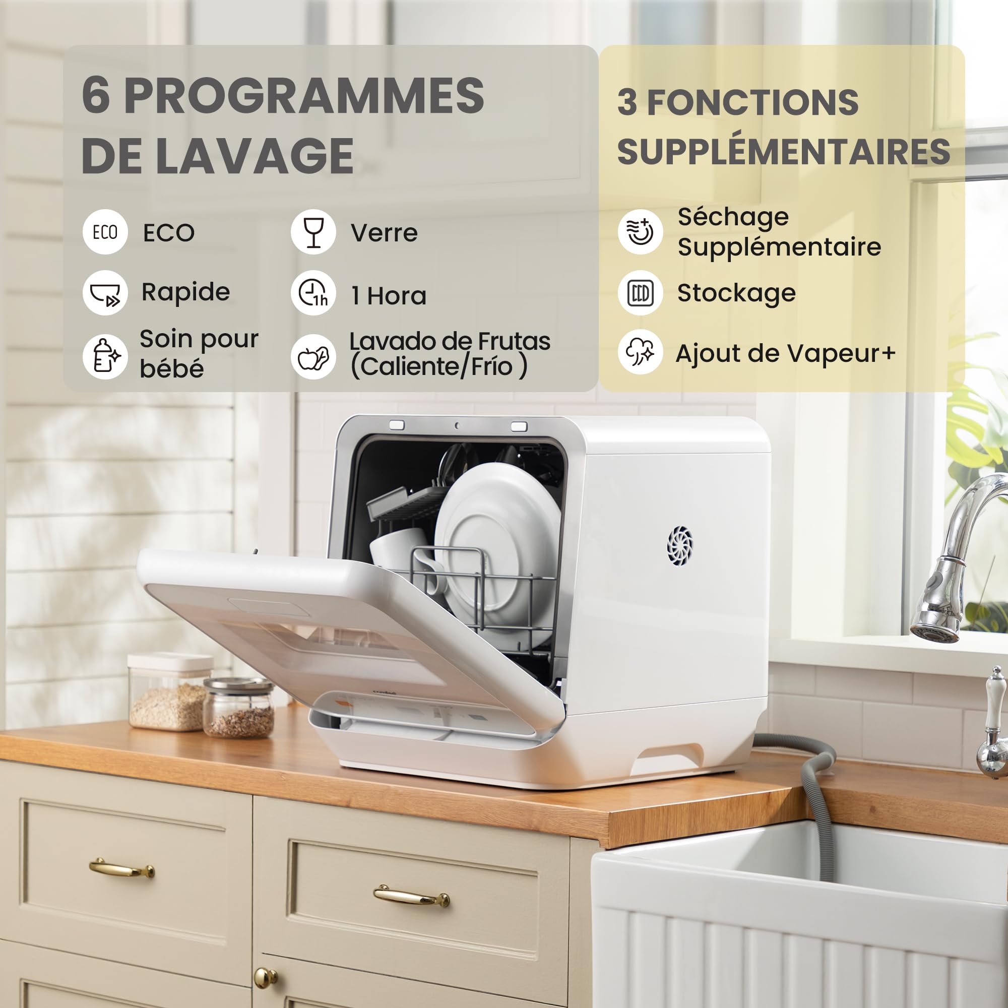 COMFEE' Lave-vaisselle de comptoir, mini lave-vaisselle de table, 6 programmes, lavage à la vapeur, sans plomberie, démarrage différé, blanc
