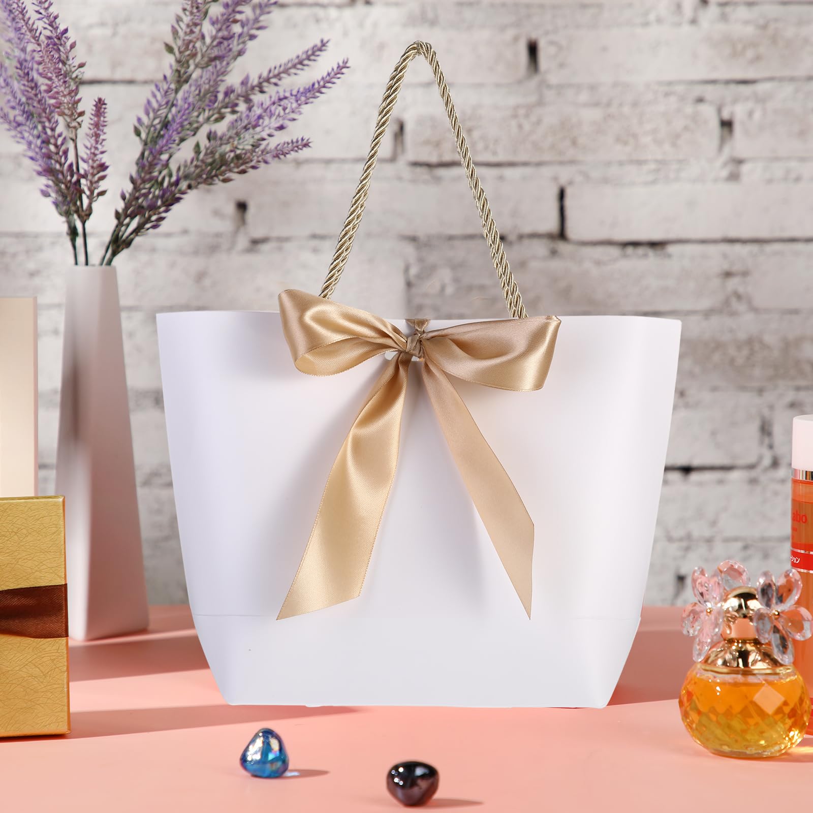 JiaWei World 16" Large Gift Bags, 6 Pack Gift Wrap Bag (Black Foil Dots) With Tissue Paper, Ribbon, Card, Blank Tag For Christmas, Wedding