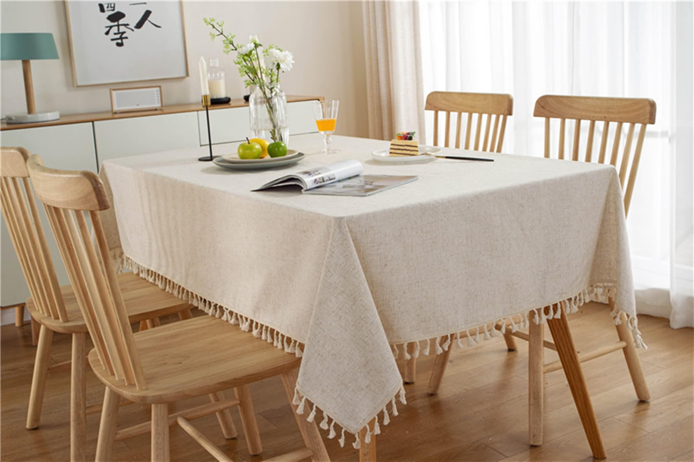 Tovaglia rettangolare 140 x 200 cm, lavabile, in poliestere e lino, tinta unita, con nappe, perfetta per cucina, sala da pranzo, Thanng, decorazione natalizia