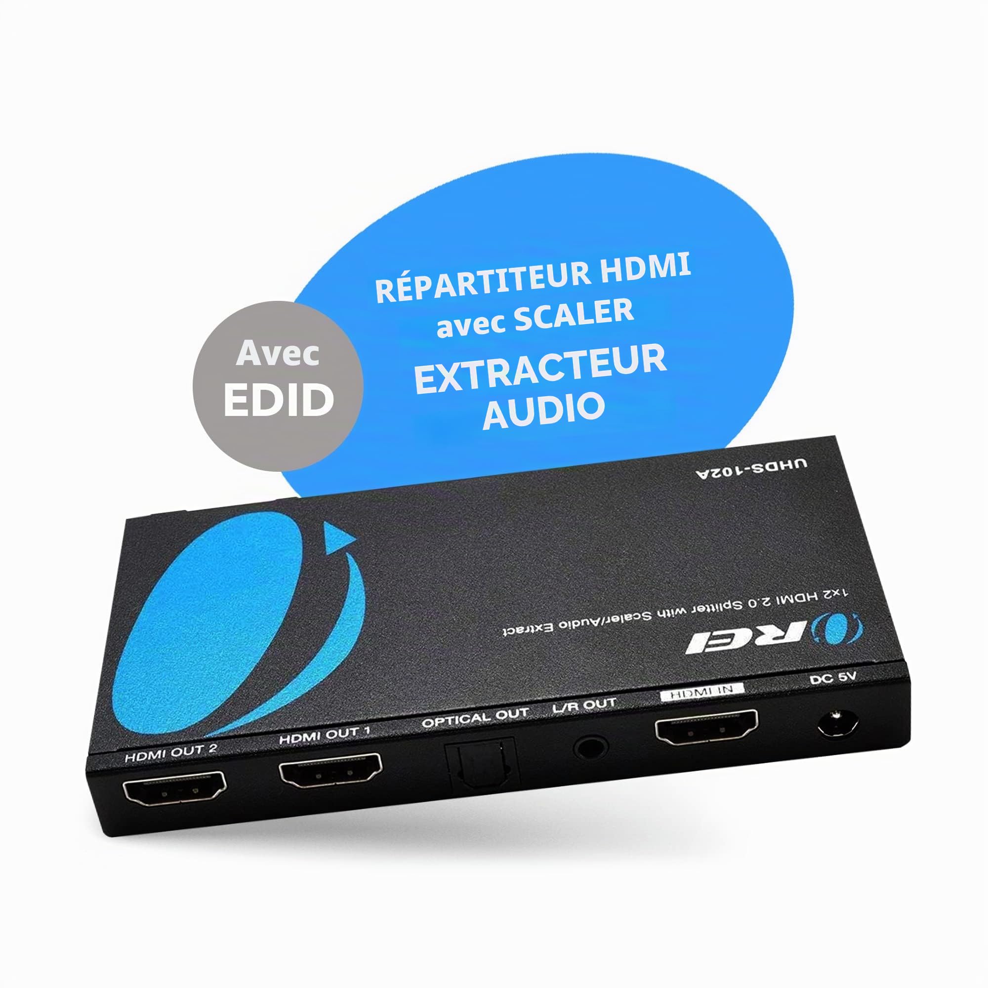 OREI UHDS-102A Répartiteur HDMI 2.0 avec extracteur audio Scaler 2 ports Full Ultra HDCP 2,4 K à 60 Hz et 3D Prend en charge le contrôle EDID