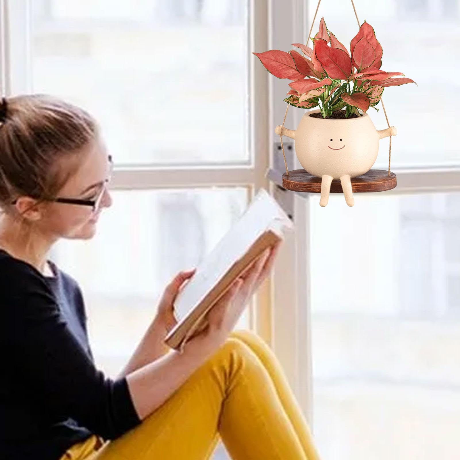 UMESONG Fioriera sospesa a dondolo in resina con faccina sorridente, per interni ed esterni, vasi da fiori a testa unica per filo di perle, pianta viva, idea per la festa della mamma