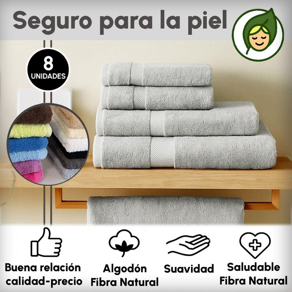 Juego de 8 Toallas de Ducha Gris Claro 100% algodón Rizo de 140x70 cm | Tejido suave de gran gramaje con alta absorción. Aptas para lavadora, de uso diario.