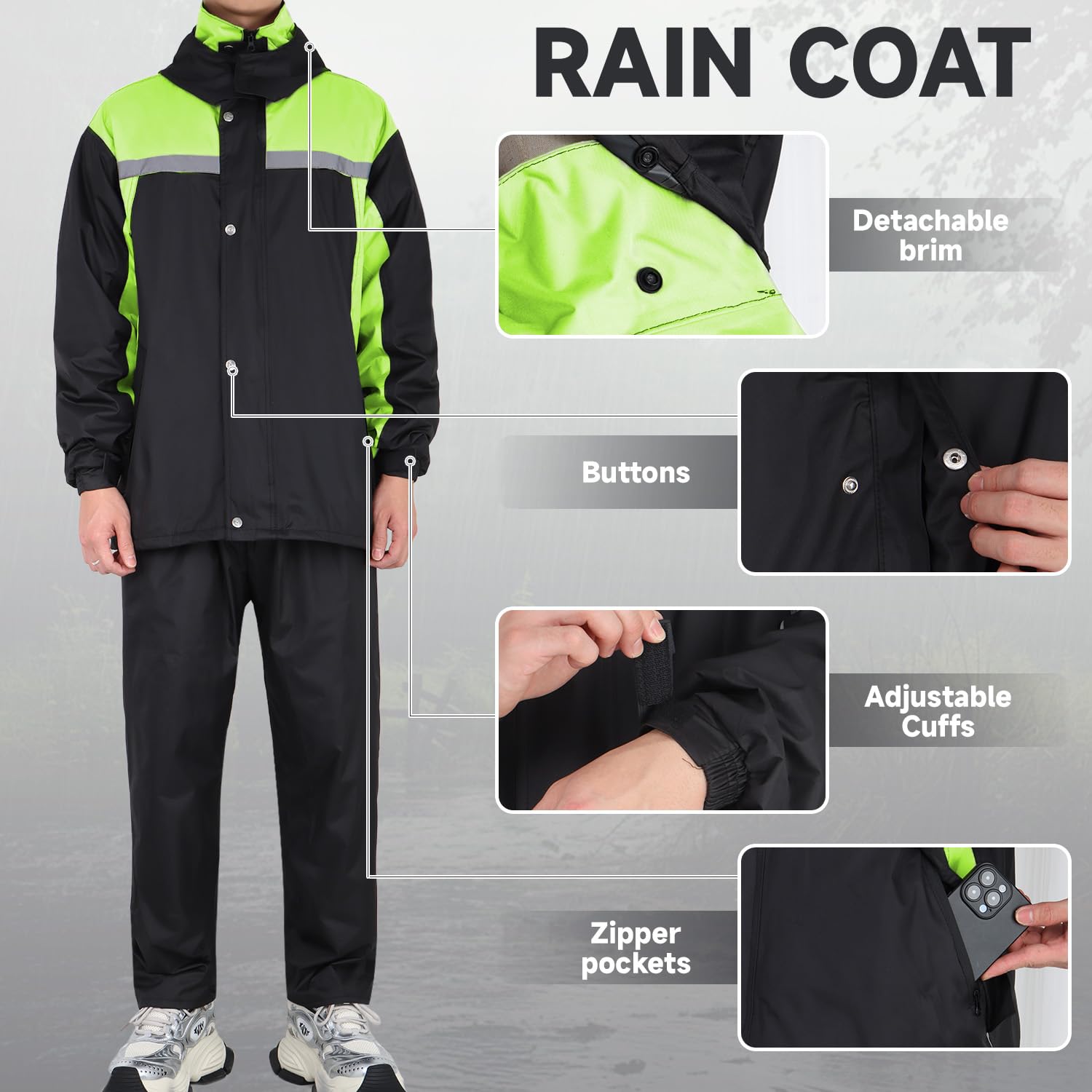 Traje de lluvia impermeable para hombre, con capucha, resistente al viento, chaqueta y pantalones para montar al aire libre, senderismo, pesca
