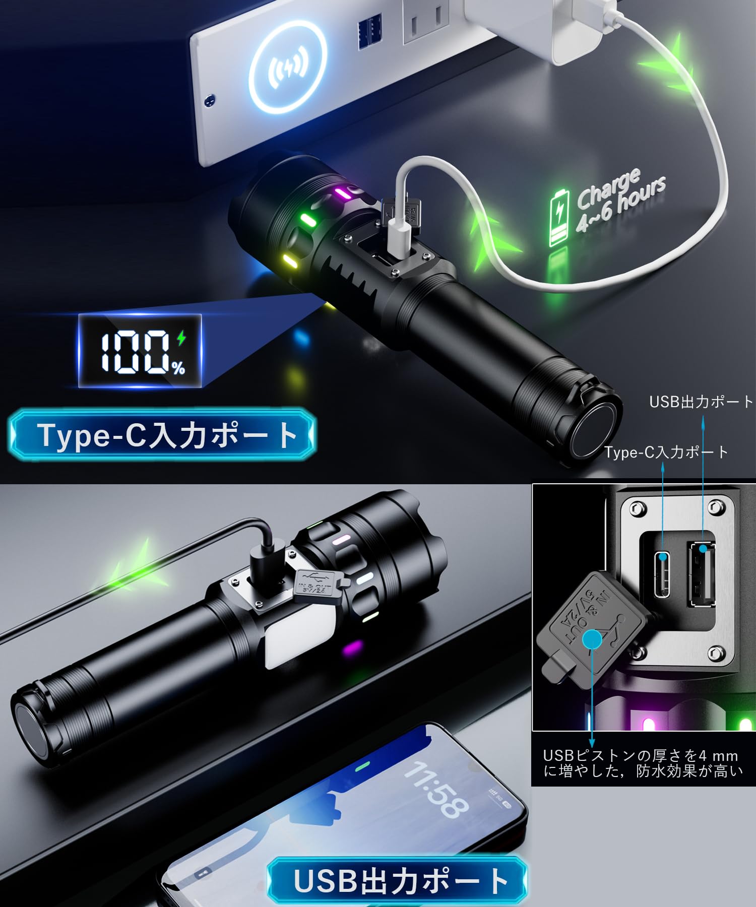 Amazon.co.jp: 懐中電灯 【2025夜光バー 2-in-1COB・3光源9モード】led