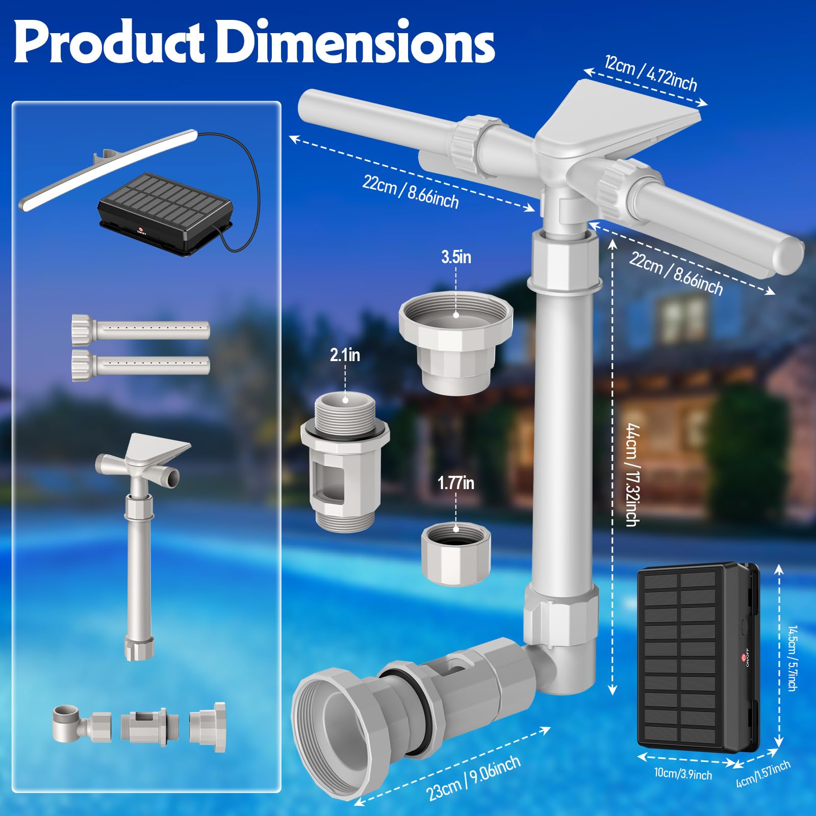Cascata per Piscina Fuori Terra e Interrata con Luci LED Solari - Fontana a Doppia Testa 2 in 1 Regolabile, Raffredda l'Acqua 5-11°C, Telecomando, Accessorio per Piscine Intex
