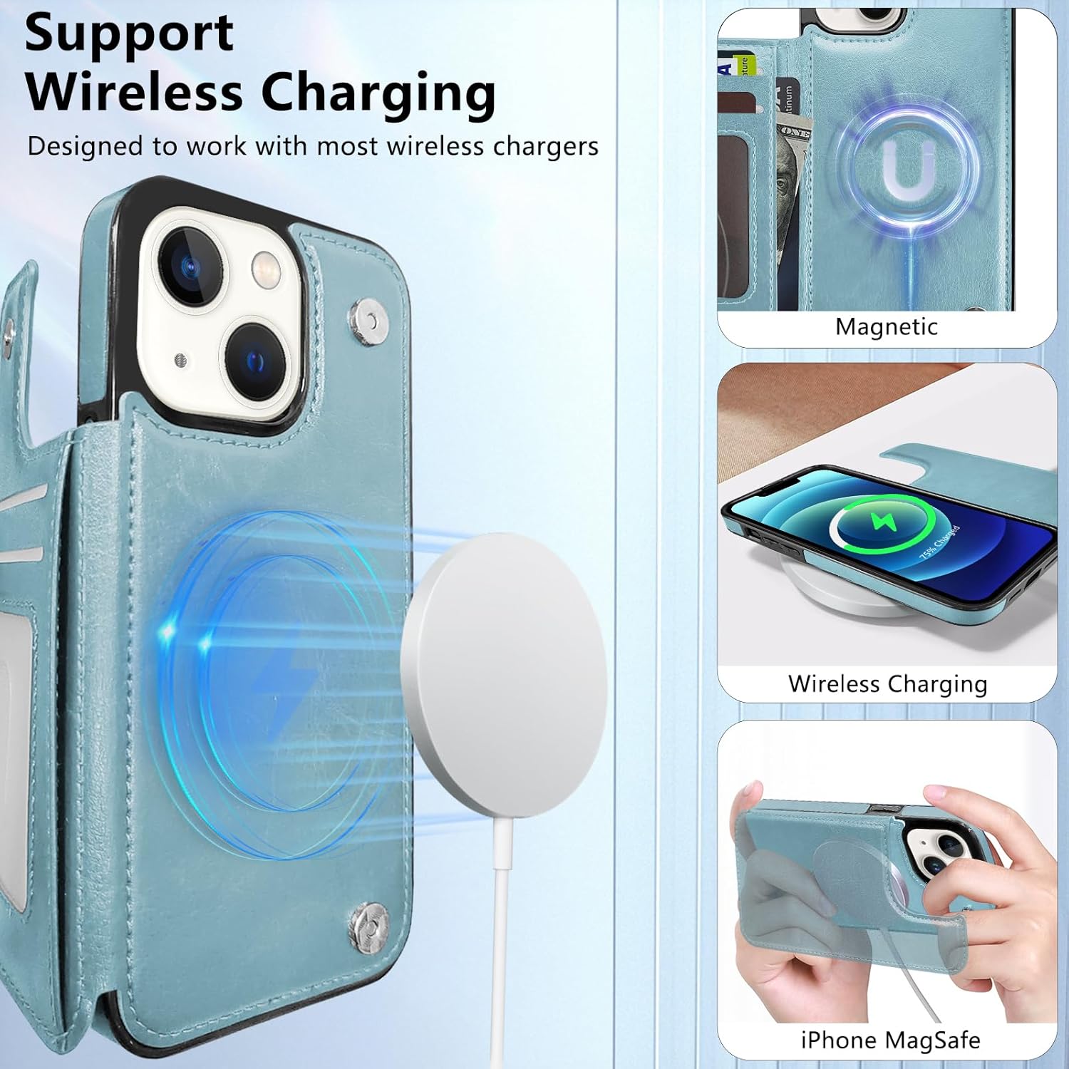 TopPerfekt Wallet Case for iPhone 12 and 12 Pro 6.1", Compatible with MagSafe, Wireless Charging, Leather Card Holder Kickstand Protective Cover Magnetic Phone Flip Case-Sky Blue - Image 4