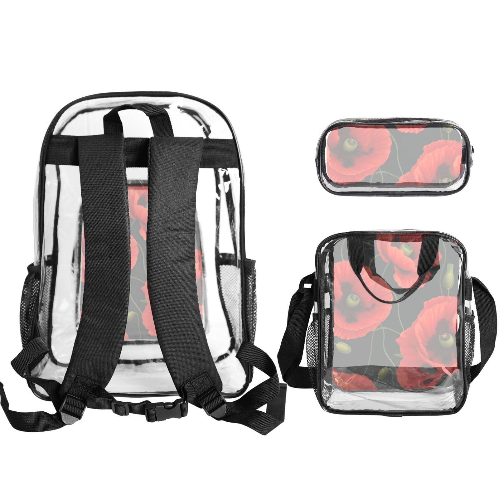 Ensemble de 3 sacs à dos transparents avec imprimé coquelicots pour l'école, les voyages, l'extérieur, sac à déjeuner transparent