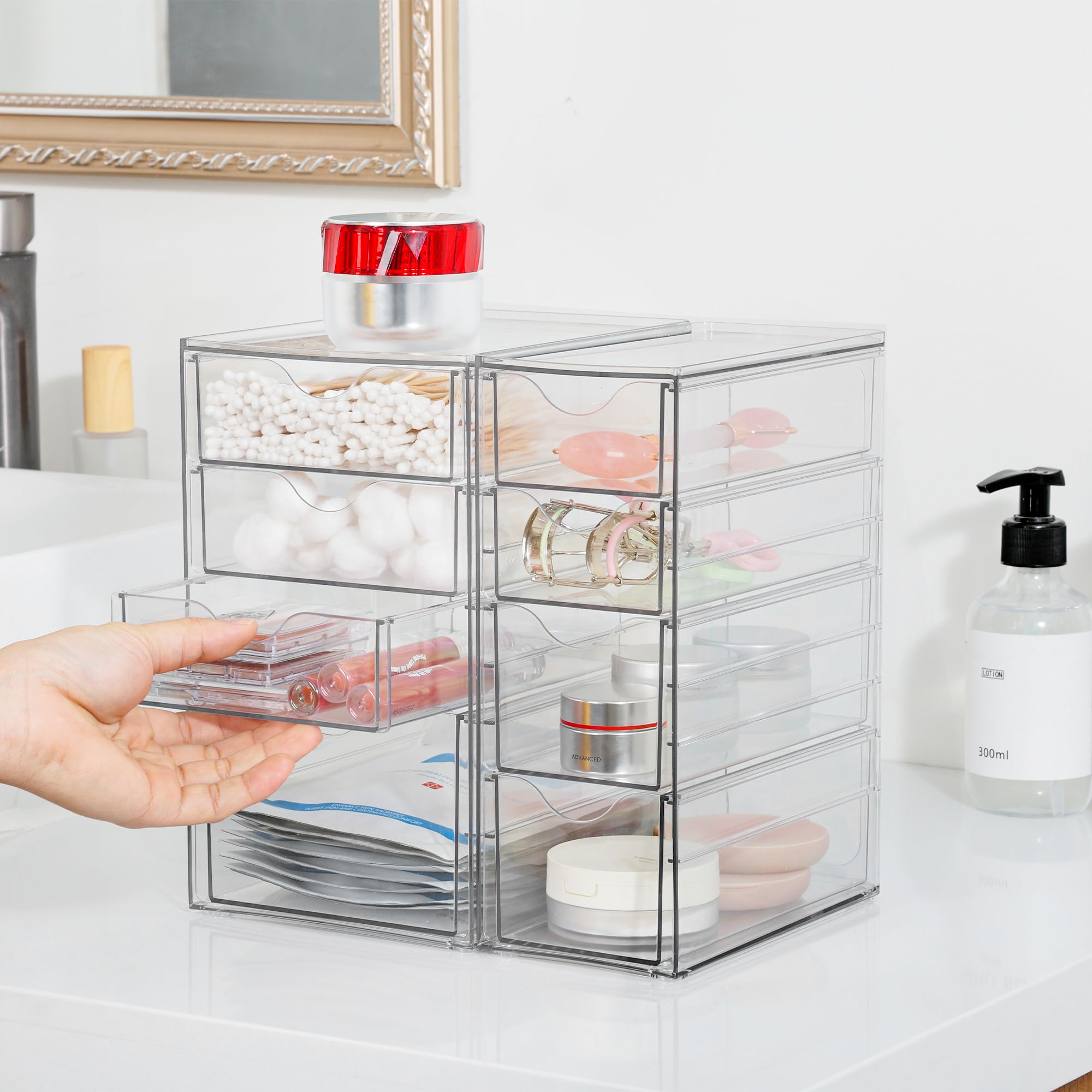 Vtopmart Organiseur de bureau en acrylique avec 8 tiroirs pour bureau, maquillage, travaux manuels | Tiroirs de rangement transparents pour fournitures de bureau, maquillage, bijoux, loisirs créatifs, perles, stylos, papeterie