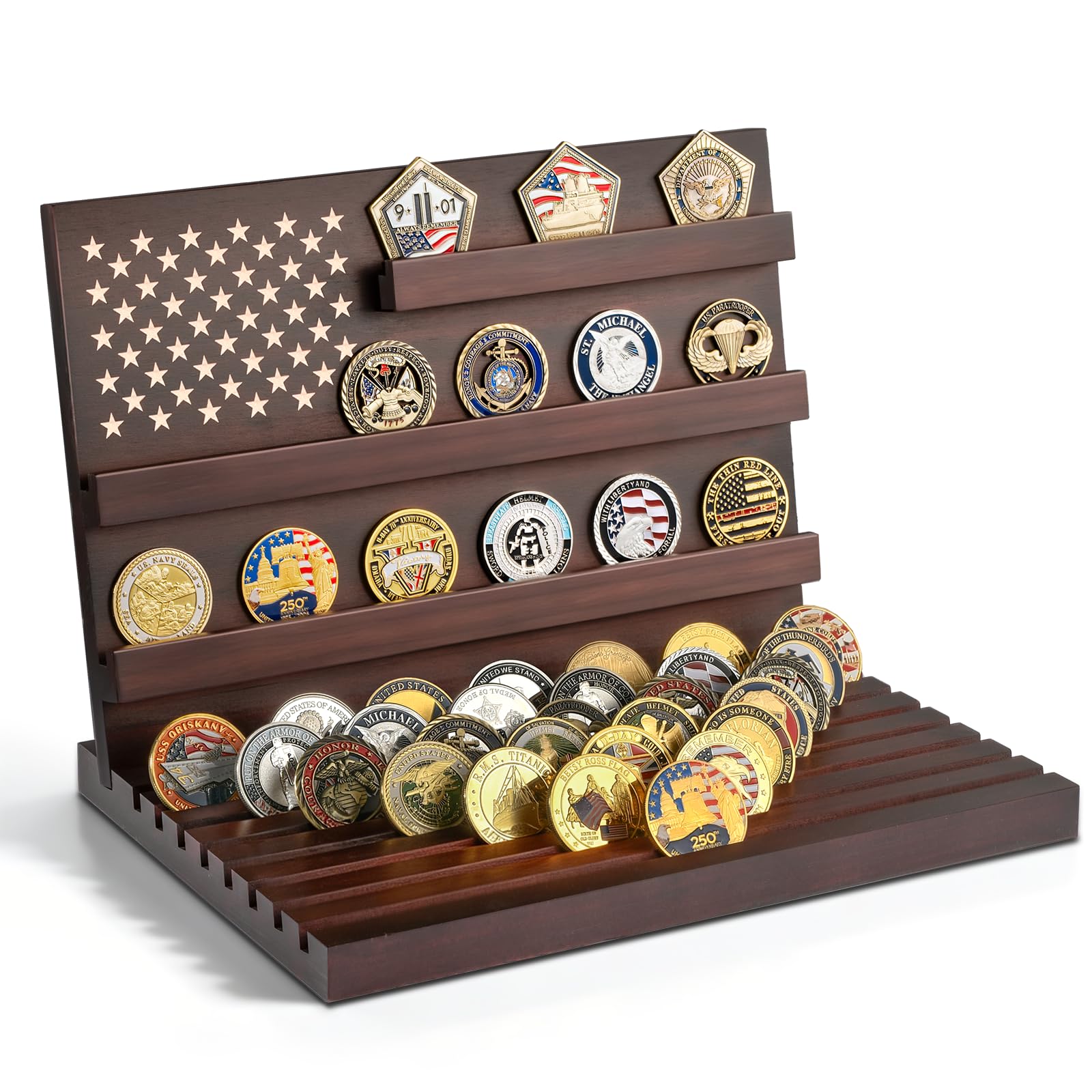 Challenge Coin Display, Mahogany Military Coin Holder Tabletop Case