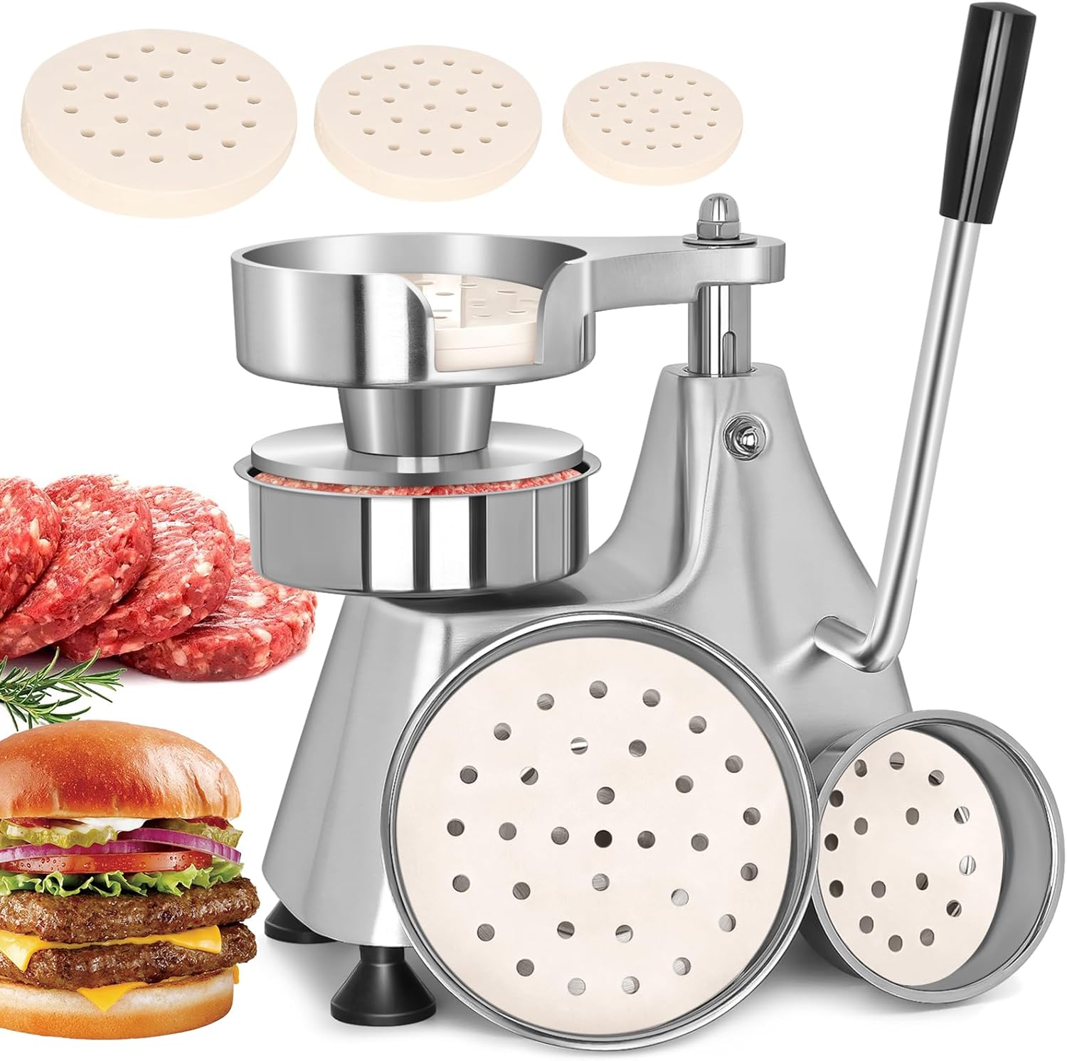 3-in-1 Commercial Burger Patty Maker Machine, 4/5/6-inch Stainless Steel Heavy Duty Hamburger Press, Professional Meat Patty Maker with 1200 Pcs Patty Papers for Beef, Pork, Chicken