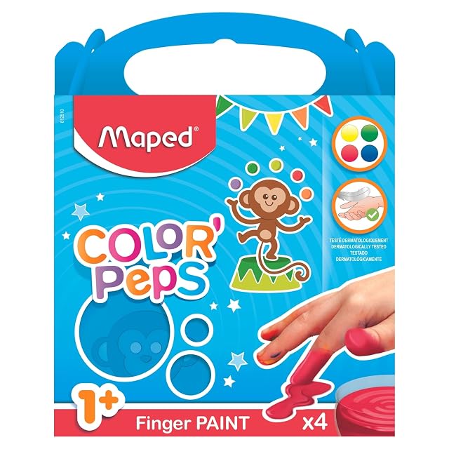 Pintura a Dedos para Niños Maped Color’Peps, Set de 4 Colores Lavables No Tóxicos, Pintura Acrílica Segura para Bebés +1 Año, Fácil de Limpiar y Listo para Usar