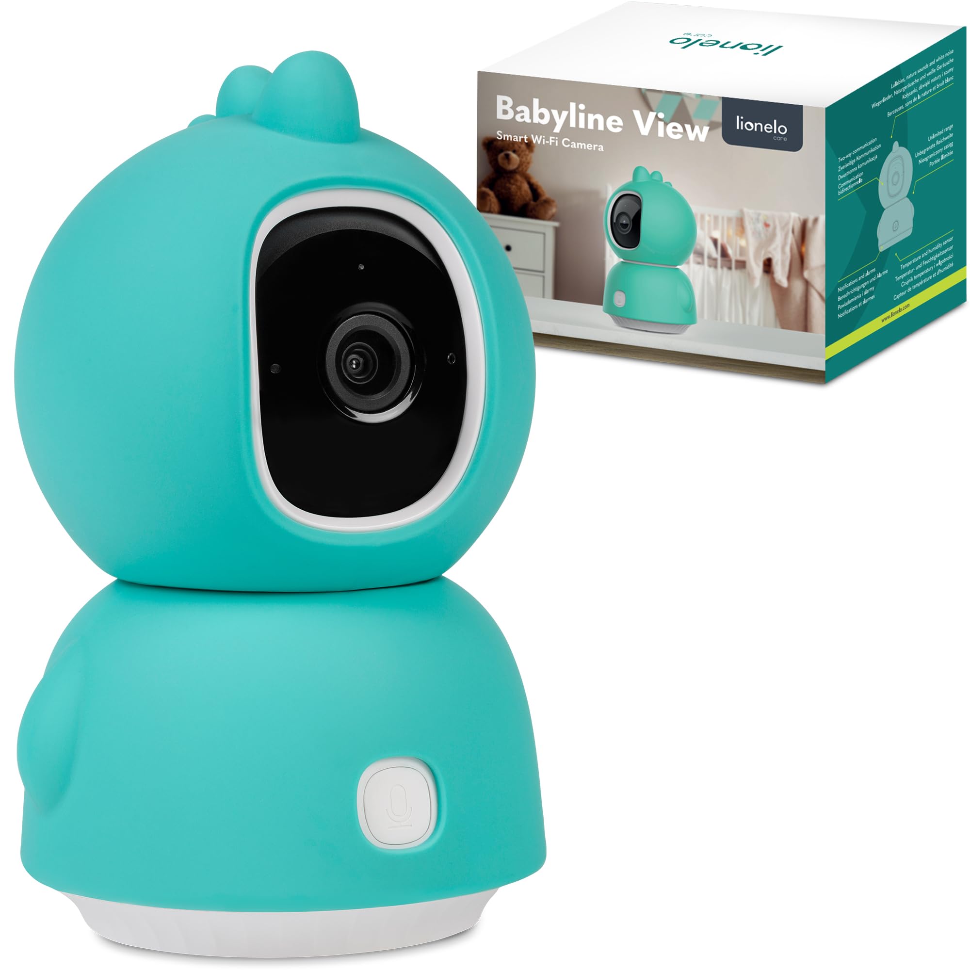 lionelo Babyline View - Videocamera di sorveglianza girevole a 330°, controllata da app, comunicazione bidirezionale, sensore di movimento, temperatura, modalità notturna, CryDetector, ninne nanne
