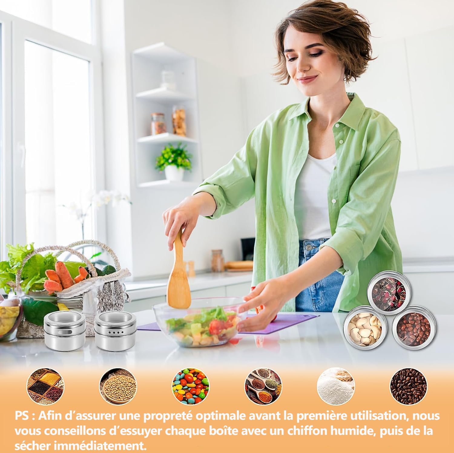 Lot de 24 Pots à Épices Magnétiques avec Couvercles, Bocaux Assaisonnements en Acier Inoxydable pour Réfrigérateur avec 48 Étiquettes et 2 Marqueurs pour Cuisine Frigo