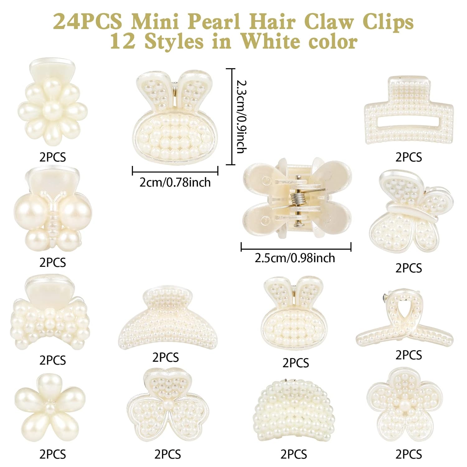 24PCS Mini Pearl Hair Claw Clips, Flower Butterfly Sunflower Sweet Bangs Clips, White Decorative Hair Accessories, for Women Girls Wedding, 12 Styles - Image 2