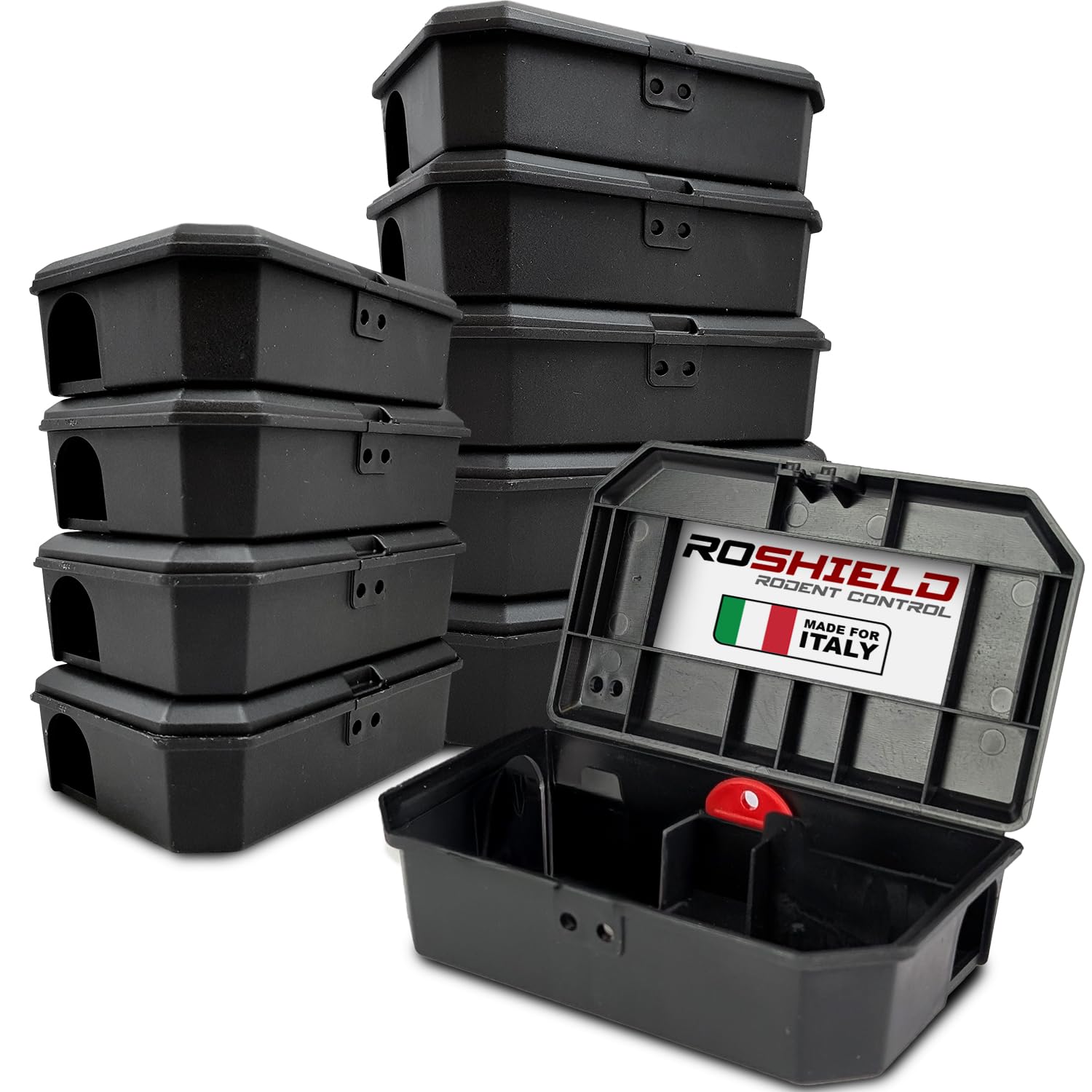 Roshield – Set di 10 scatole nere per esche per topi piccoli, antimanomissione, sicure per bambini e animali domestici (vuote, esche per roditori non incluse, non adatte ai ratti)